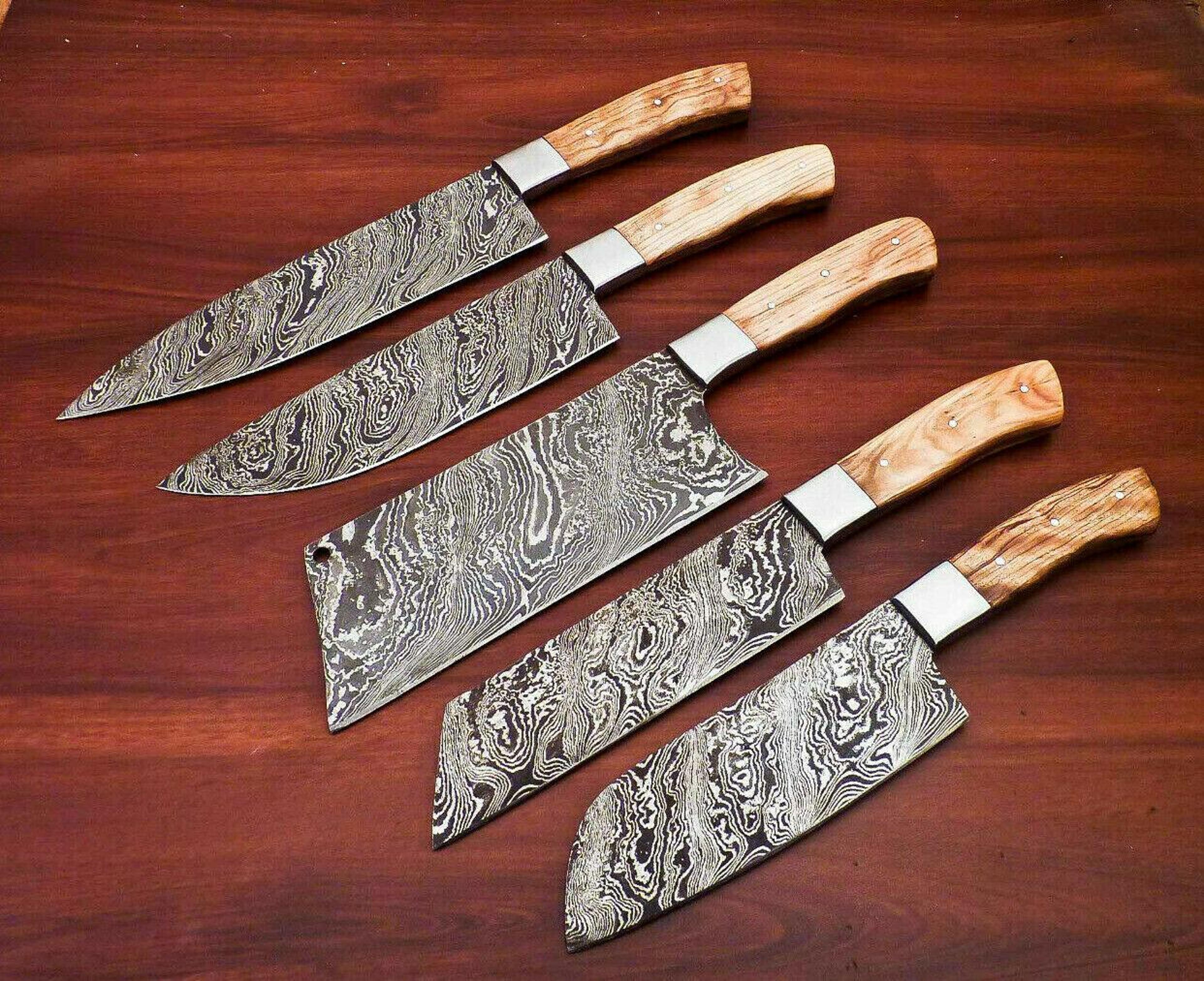custom handmade damascus chef knives set of 5 | professional kitchen knife collection