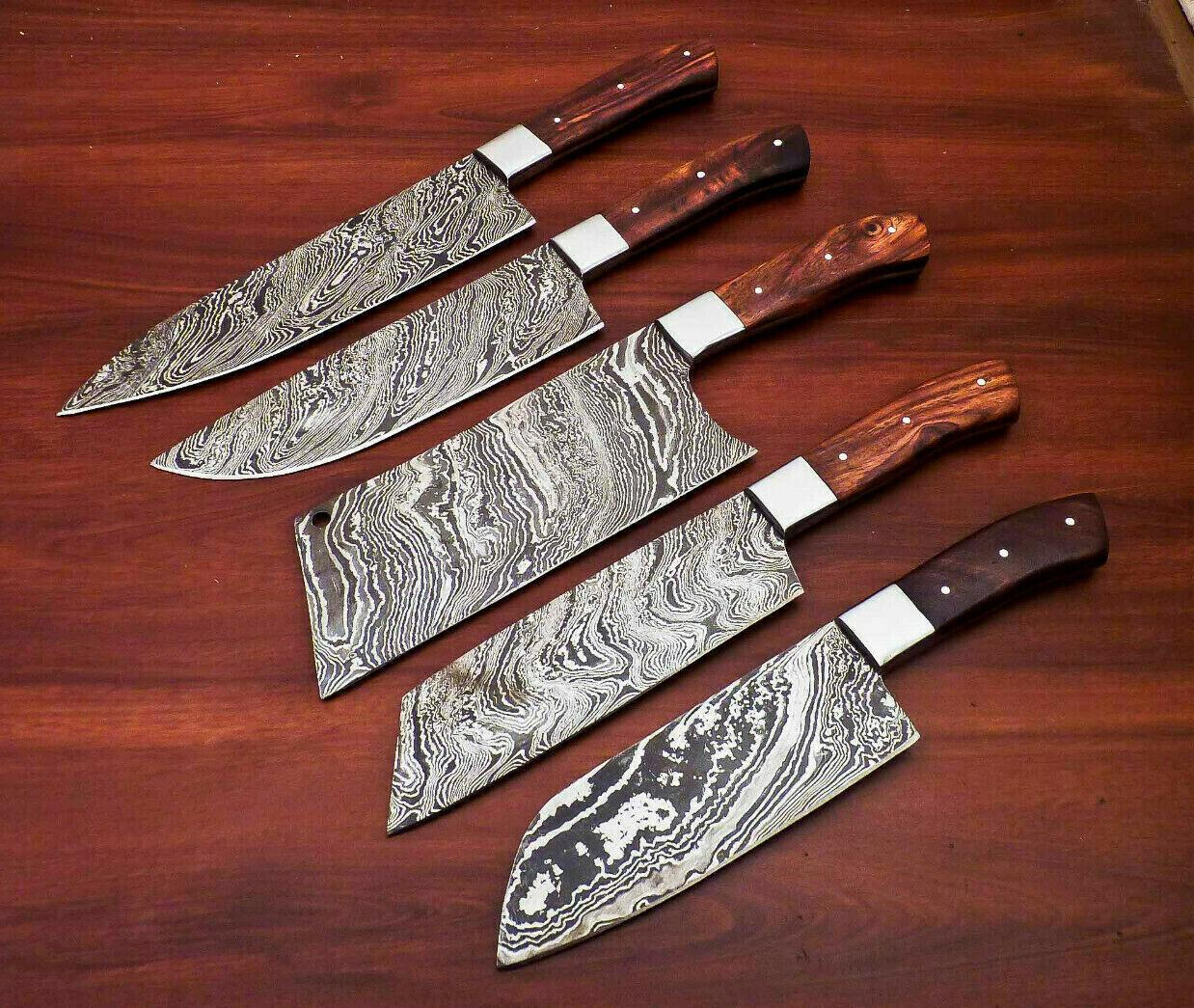 damascus steel kitchen knives | 5-piece handmade chef knife set with hardwood handle