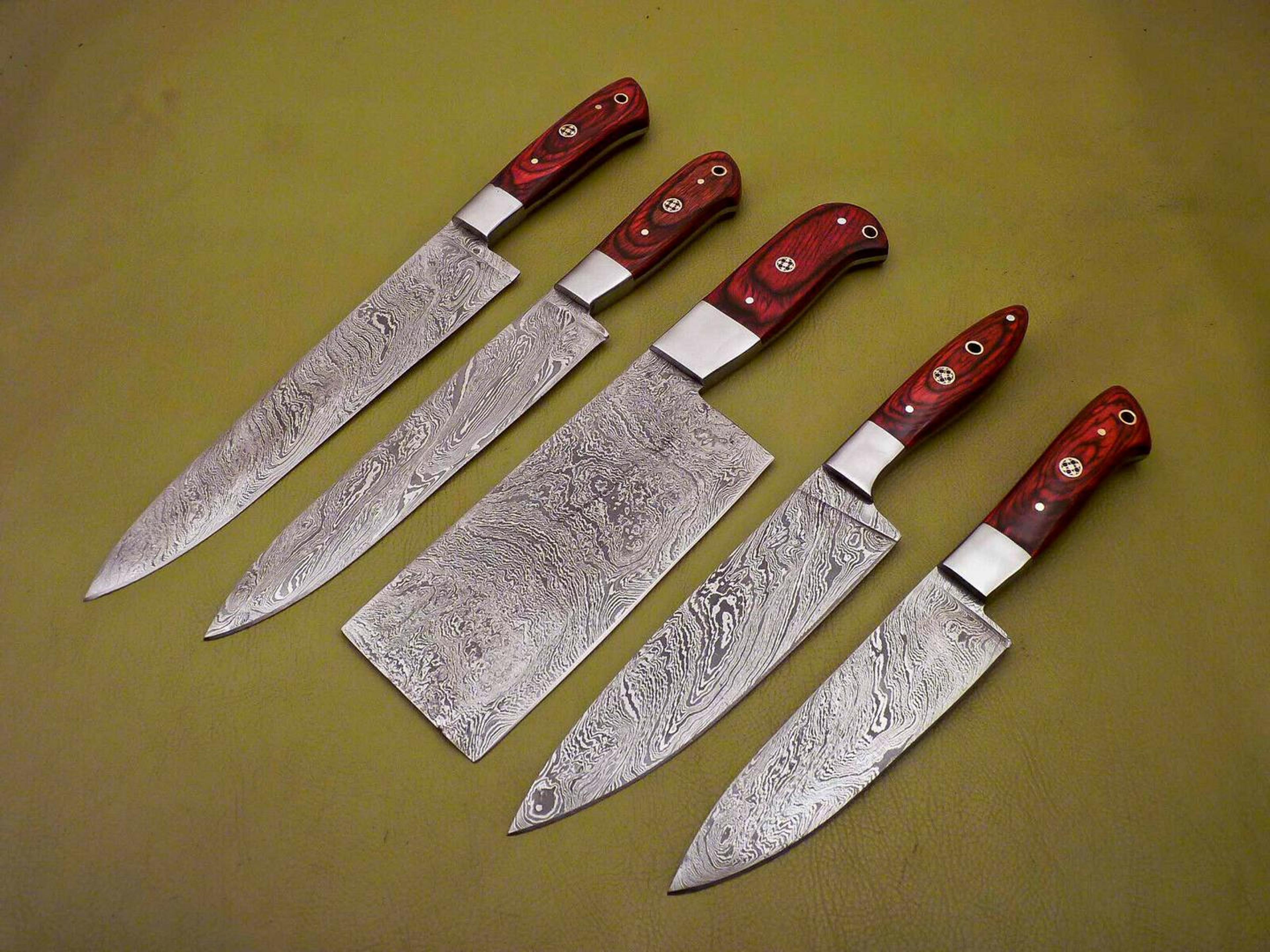 full tang damascus steel chef knife set | handmade 5-piece kitchen knives collection