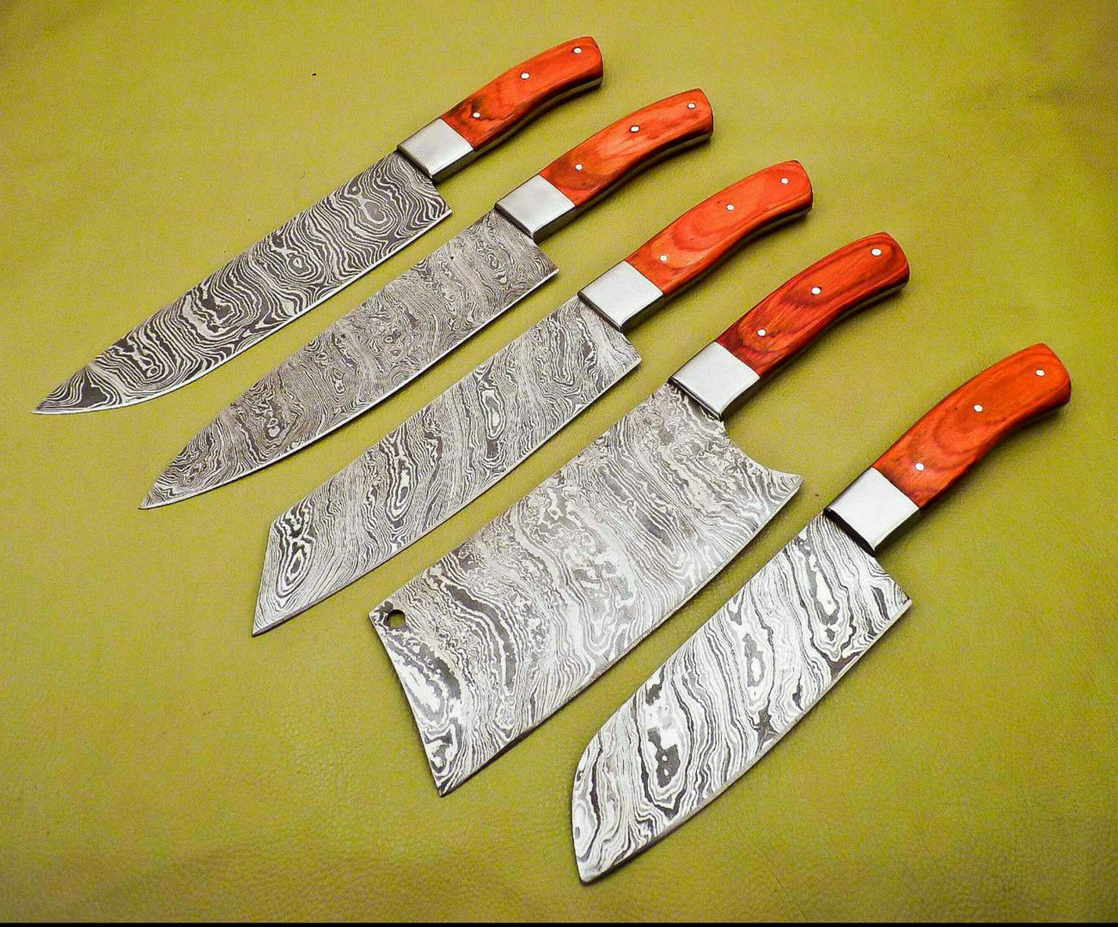 premium handmade damascus steel chef knives lot of 5 | hardwood handle kitchen set