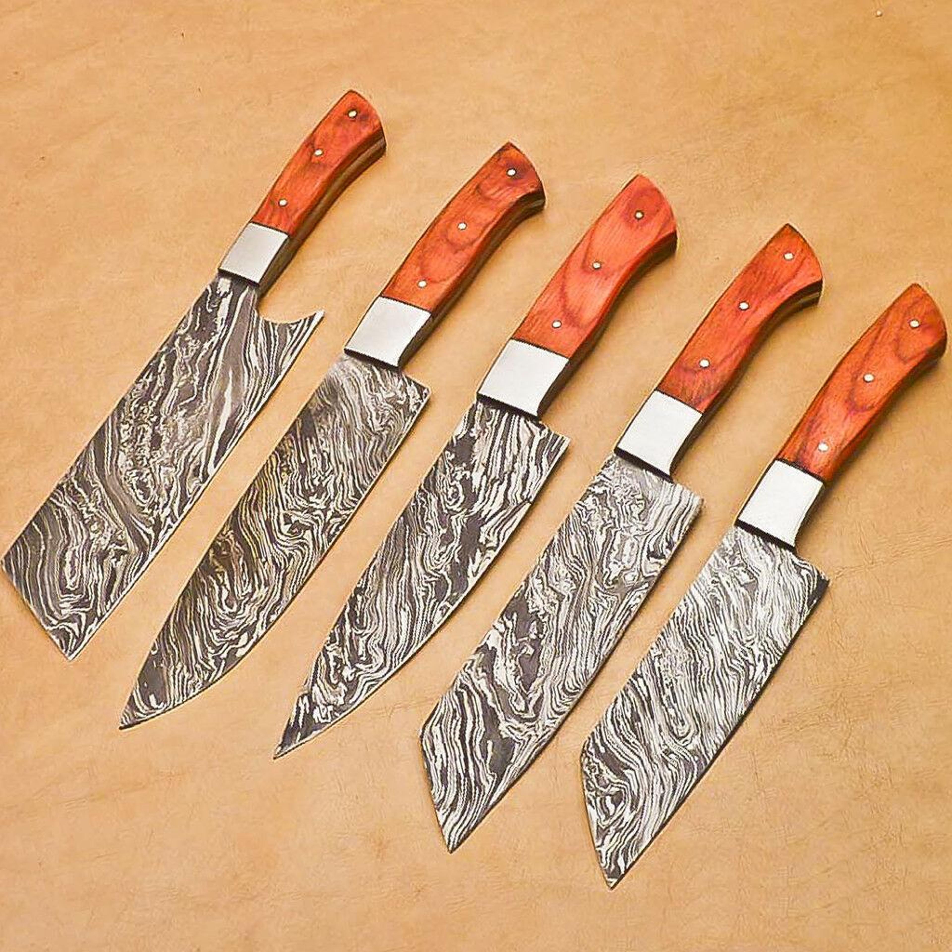 custom damascus steel chef knife set | handmade 5-piece kitchen & cooking knives
