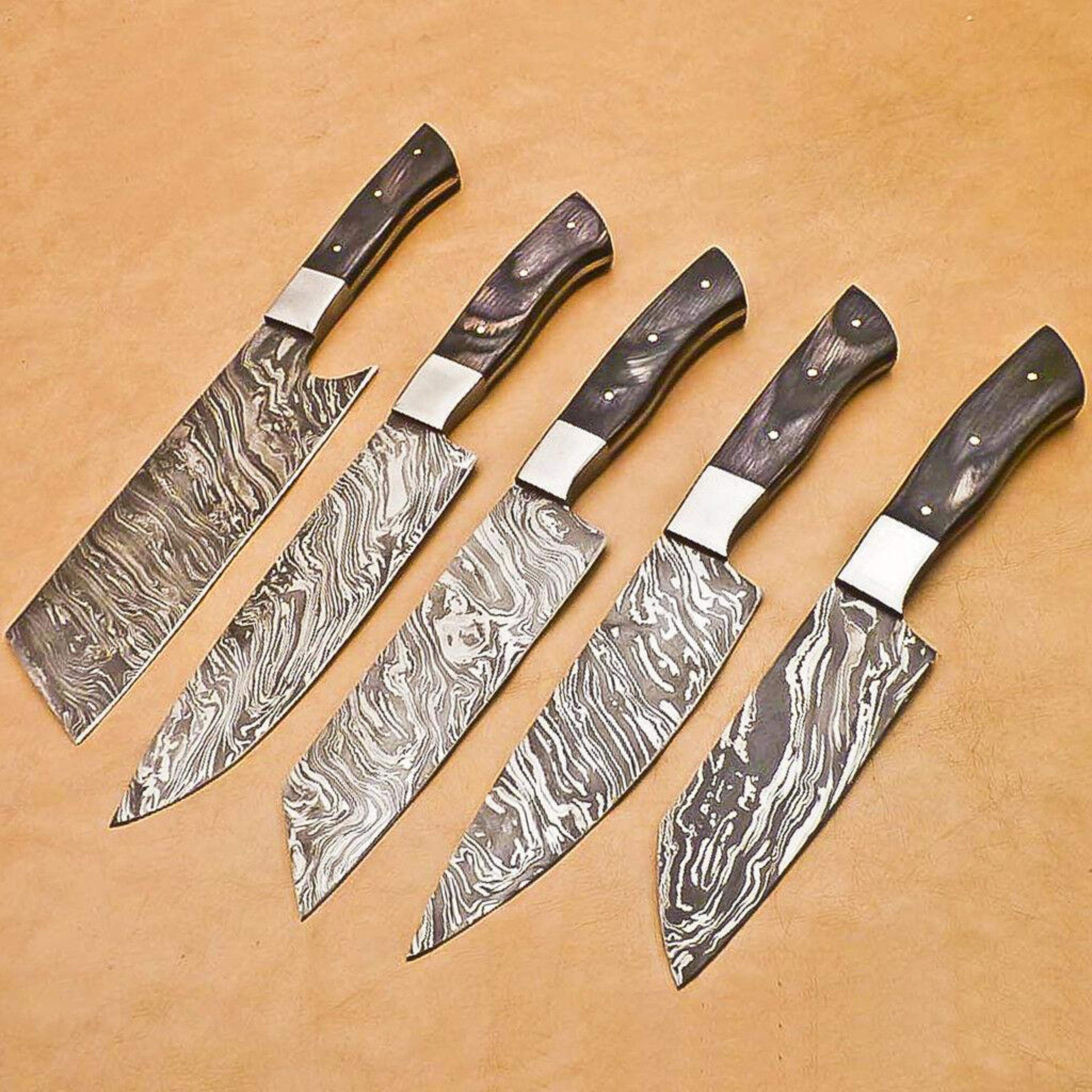 handmade damascus steel chef knife collection | 5-piece kitchen knife set gift
