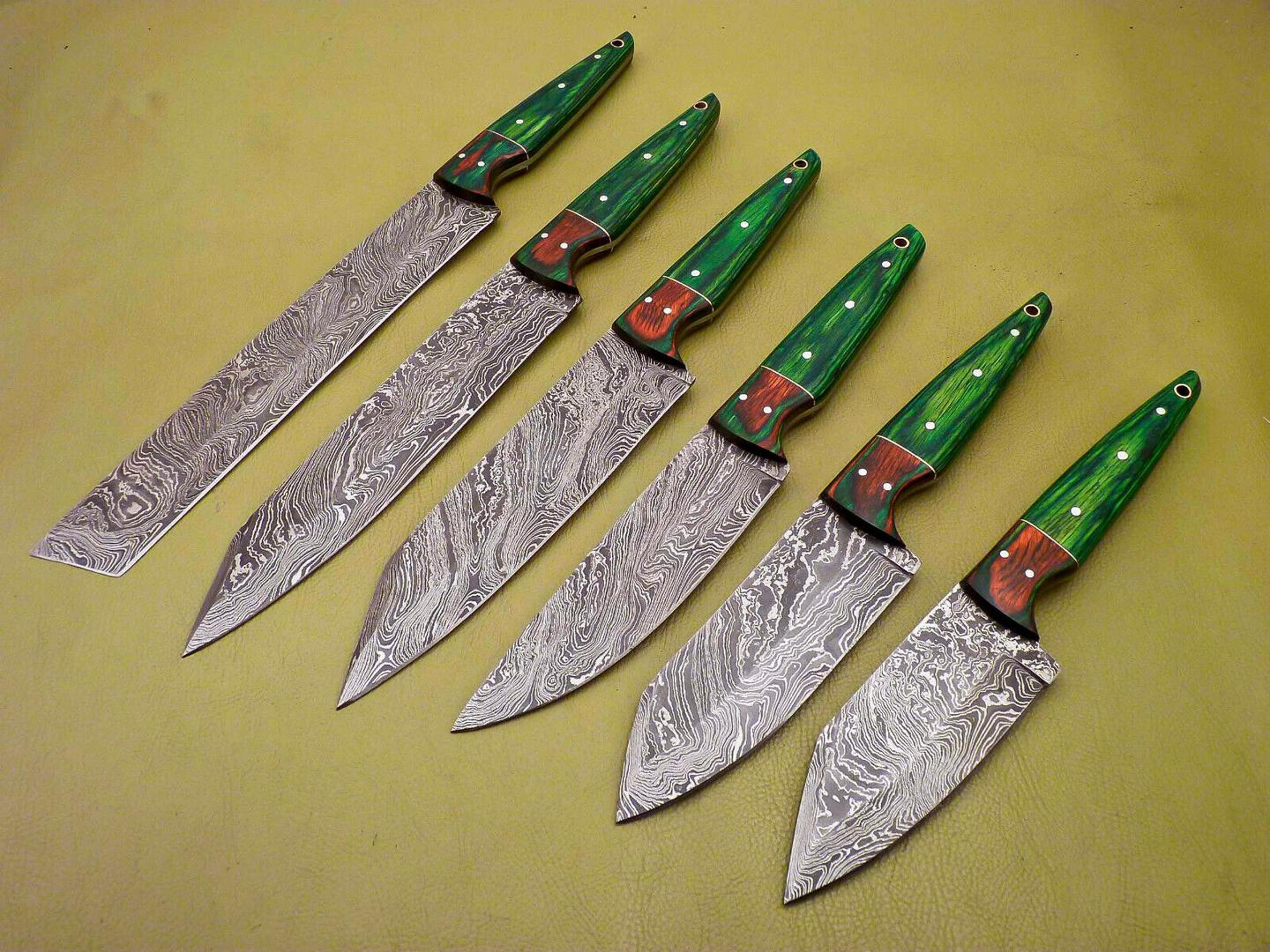 lot of 6 custom damascus chef knives – full tang kitchen & skinning set