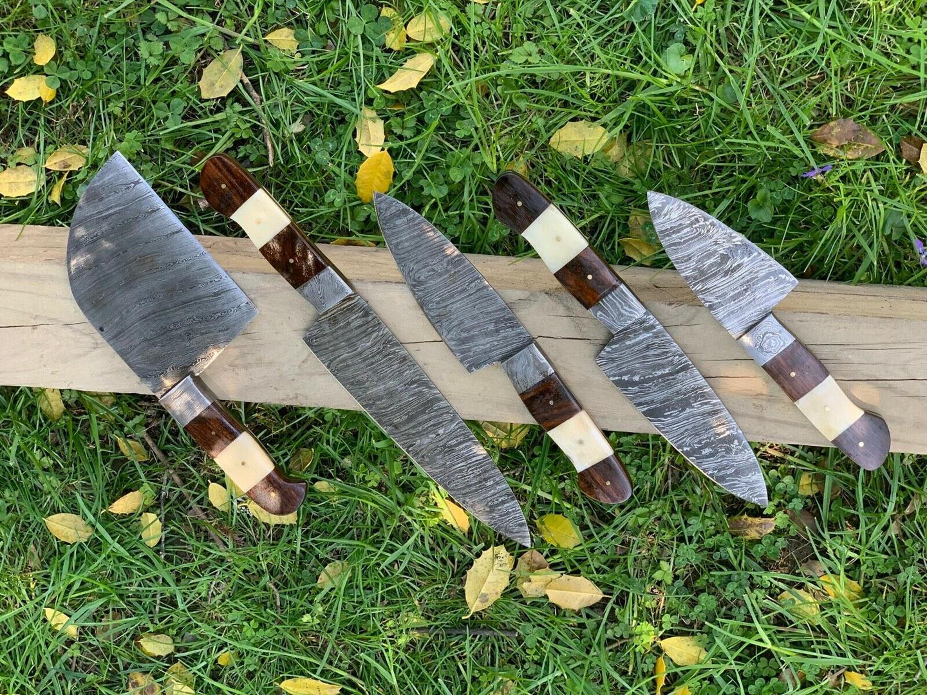 rare handmade damascus steel 5-piece chef knife set with hardwood