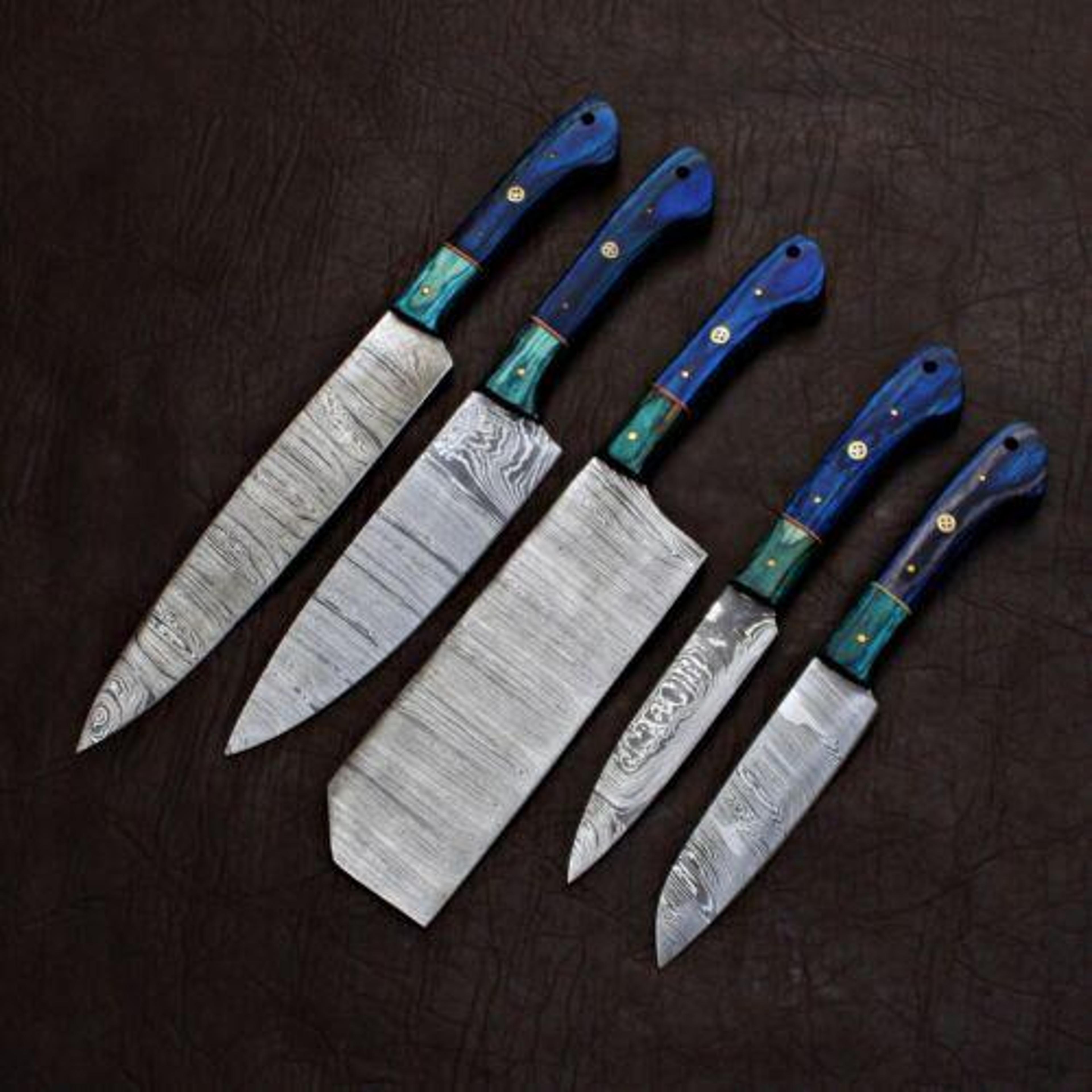 custom handmade damascus steel 5 pc knife set for kitchen & outdoor use