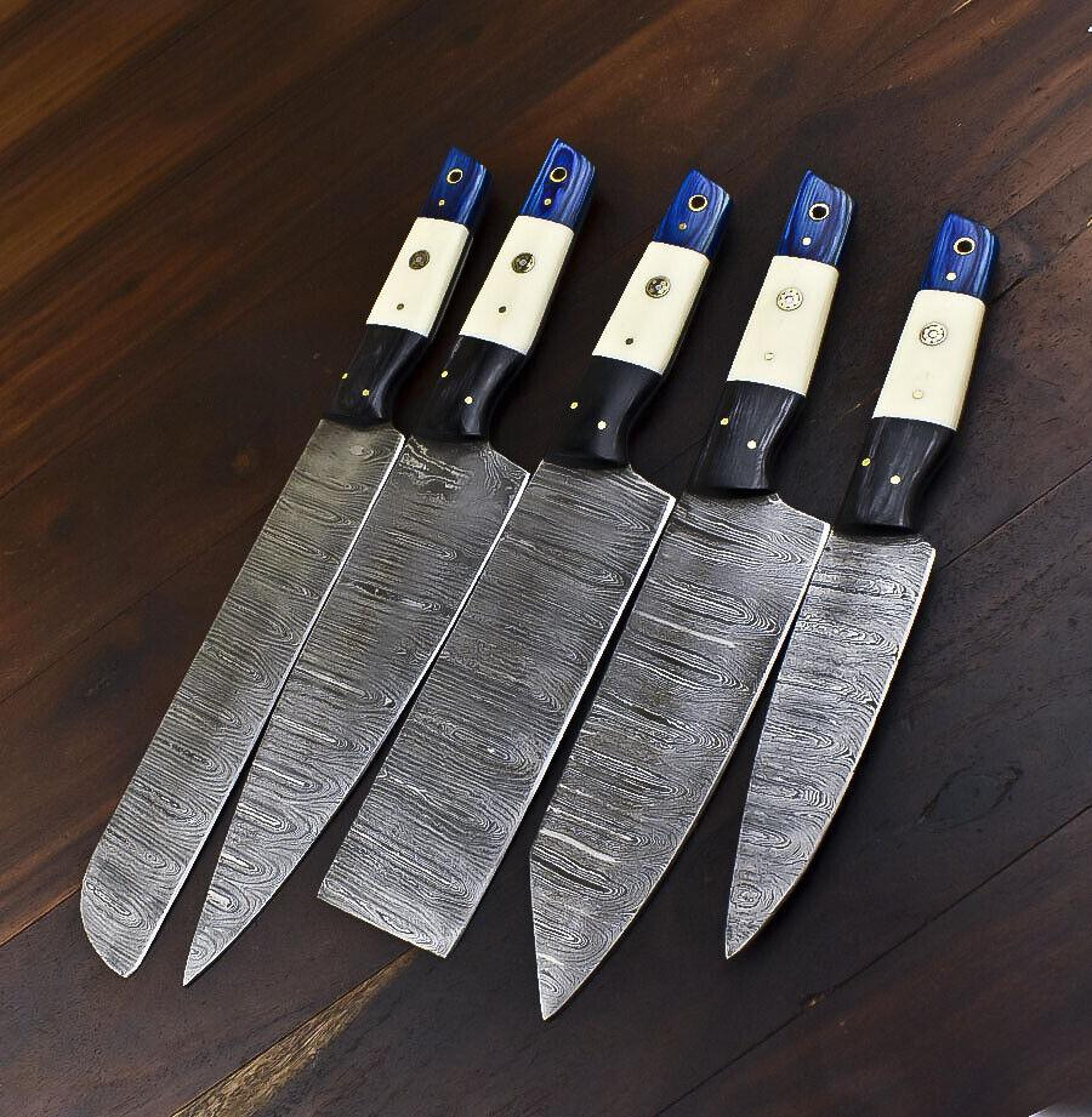 handmade damascus steel chef & hunting knife set – 5 pc camel bone handle