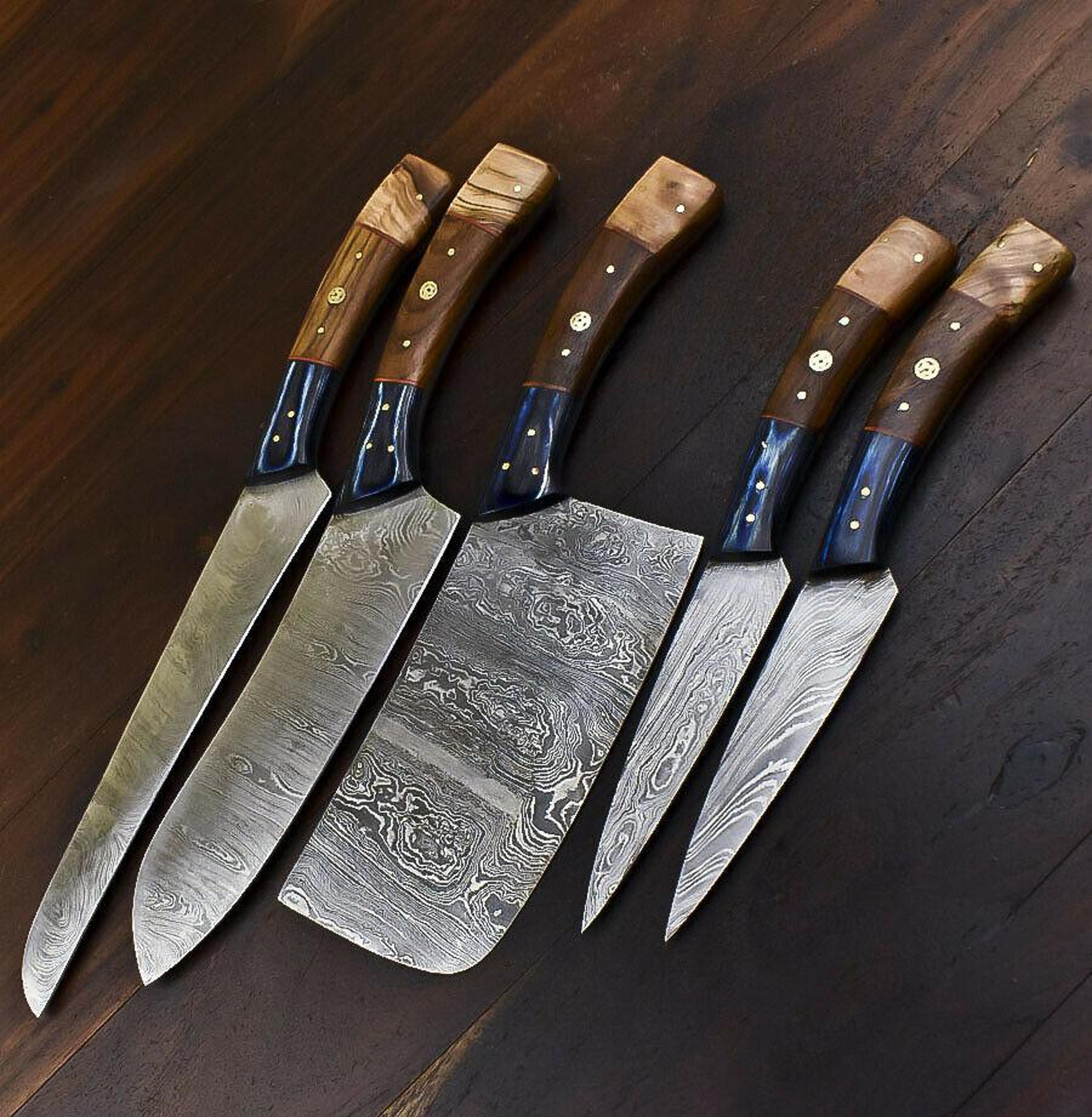 handmade damascus steel chef & hunting knife set – 5 pc walnut wood handle