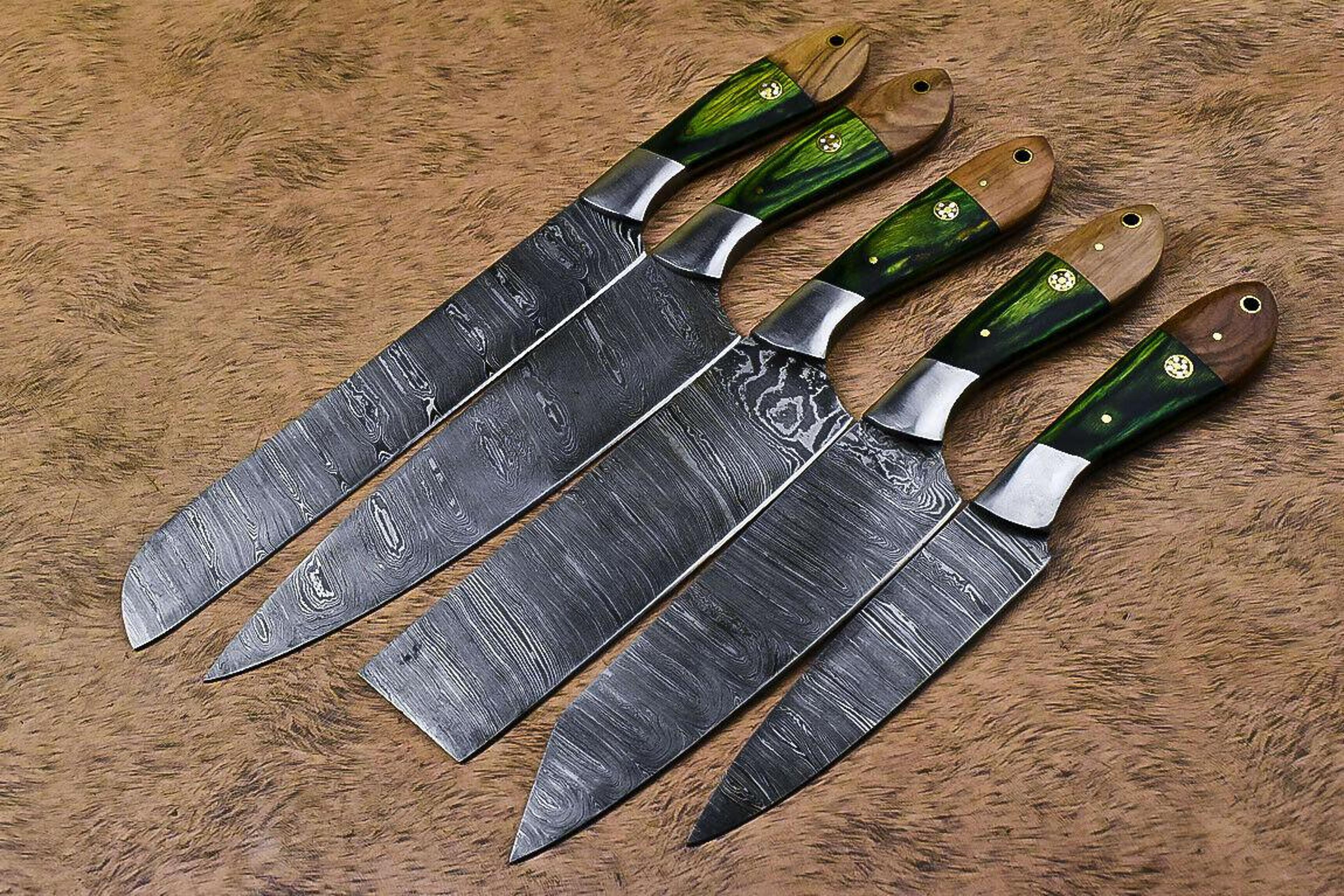 rare handmade damascus steel chef knife set of 5 | hardwood handle kitchen & hunting knives