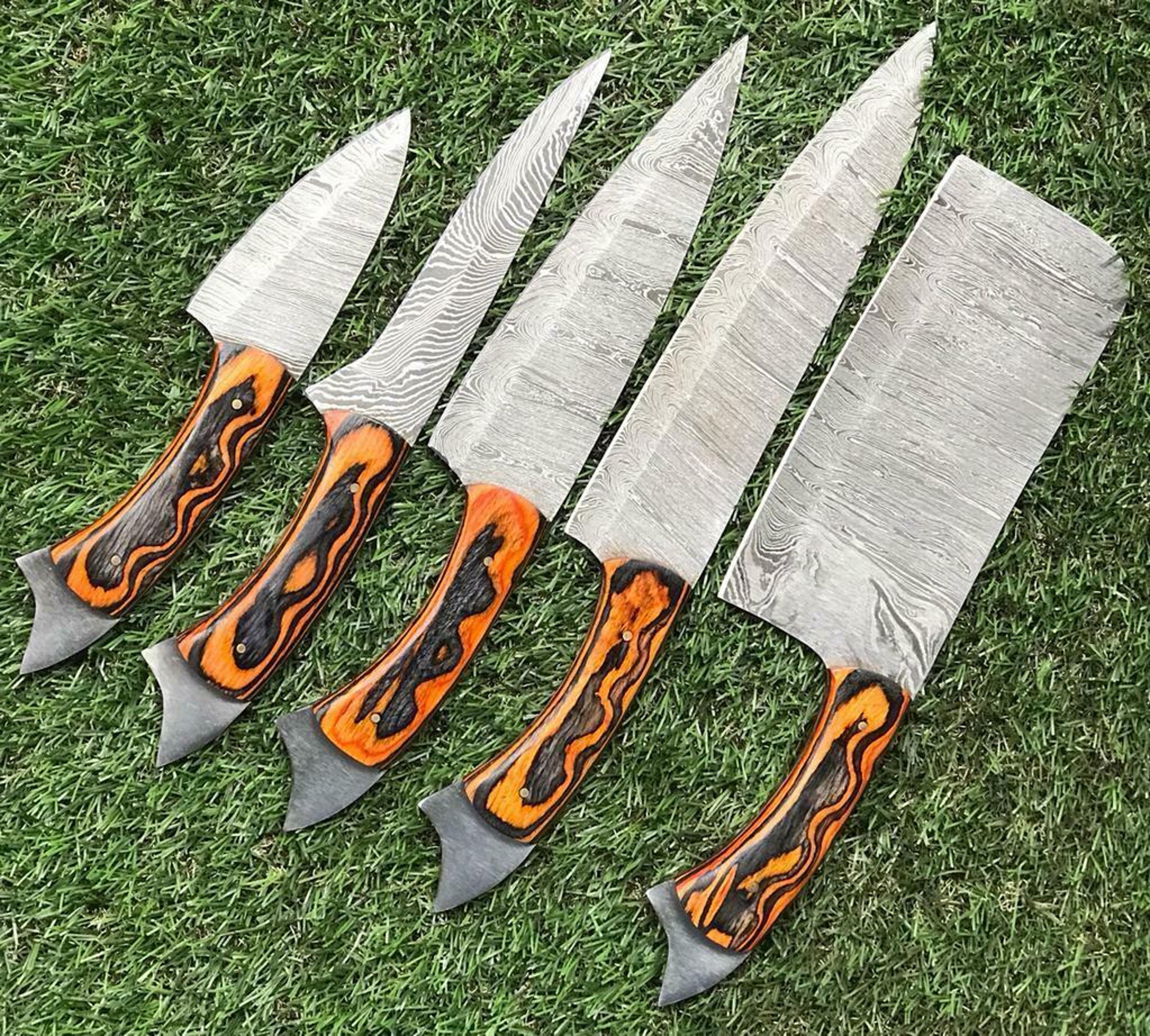 custom handmade twist damascus steel chef knife set | rosewood handle kitchen knives