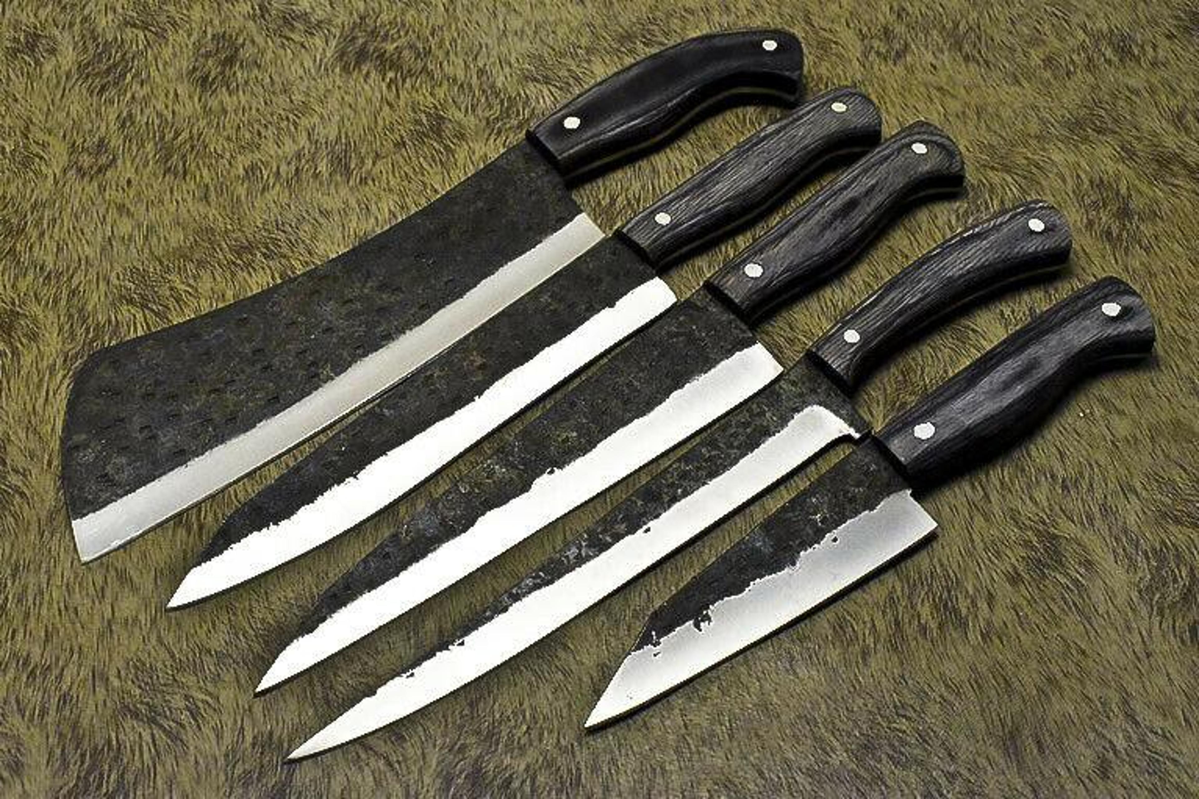 handmade d2 steel chef knife set of 5 | hammered finish, hardwood handle