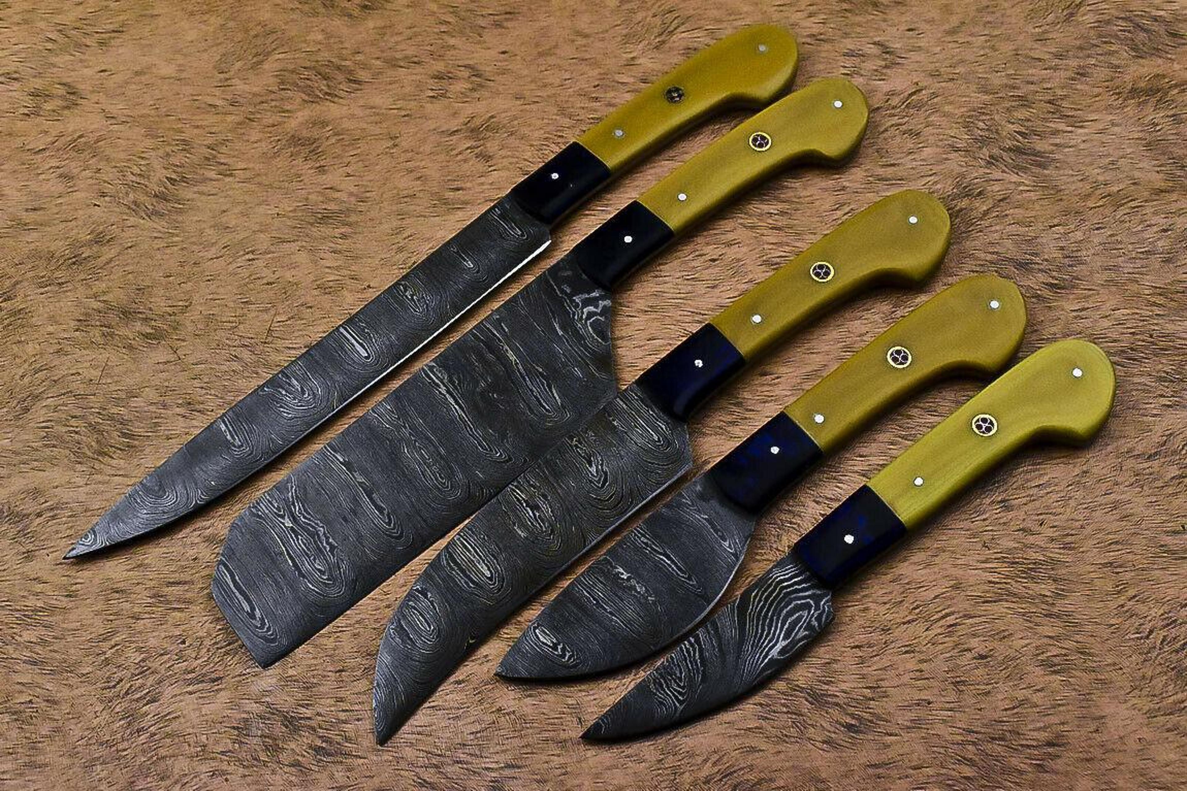 handmade damascus steel camel bone chef knife set | lot of 5 hunting & edc knives