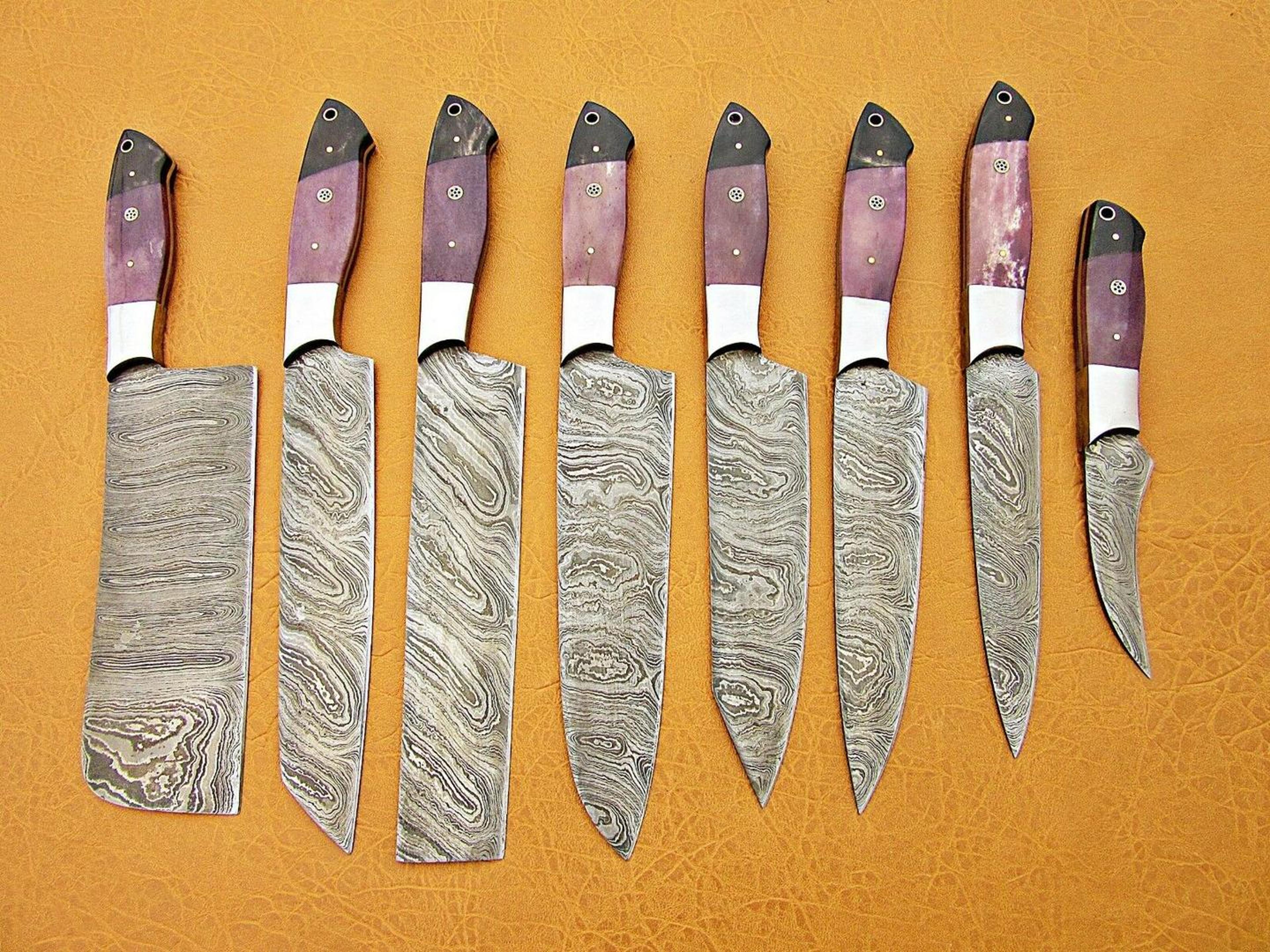 custom handmade damascus steel chef knife set | purple bone & buffalo horn handle
