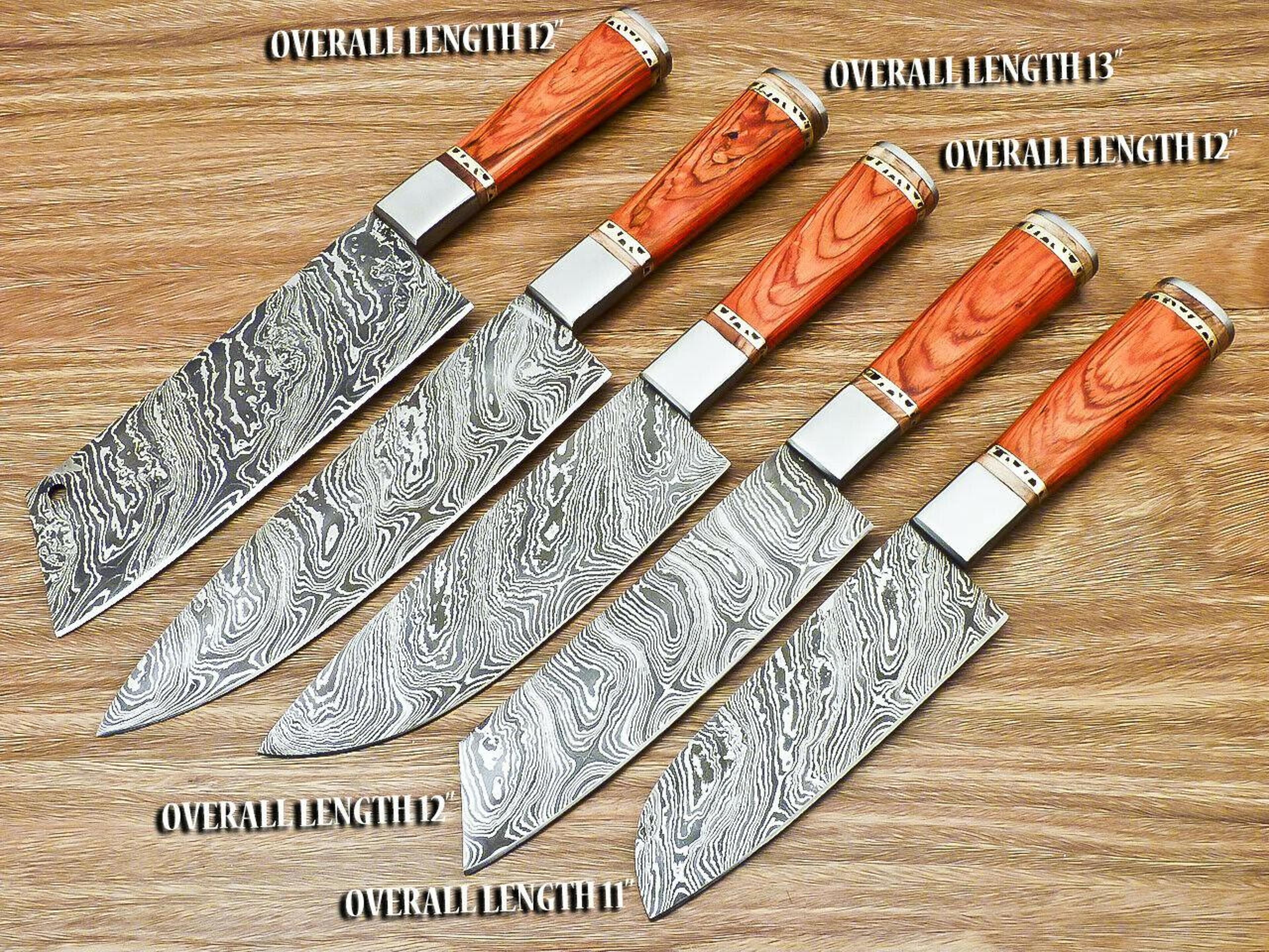 handmade damascus steel chef knife set | 5 pc kitchen knives with orange hardwood handles