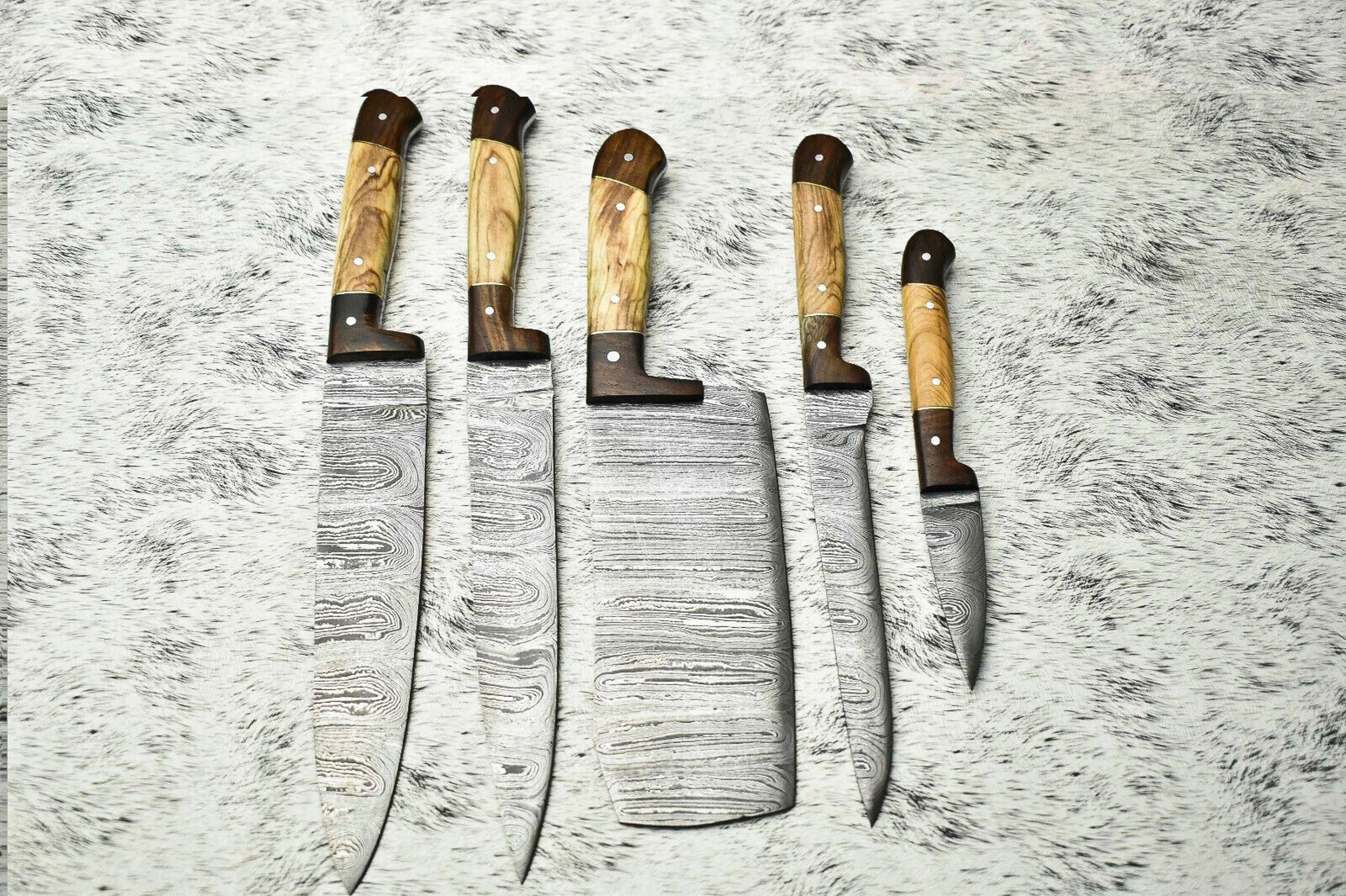 lot of 5 handmade damascus steel chef knives set | full tang with olive wood handles