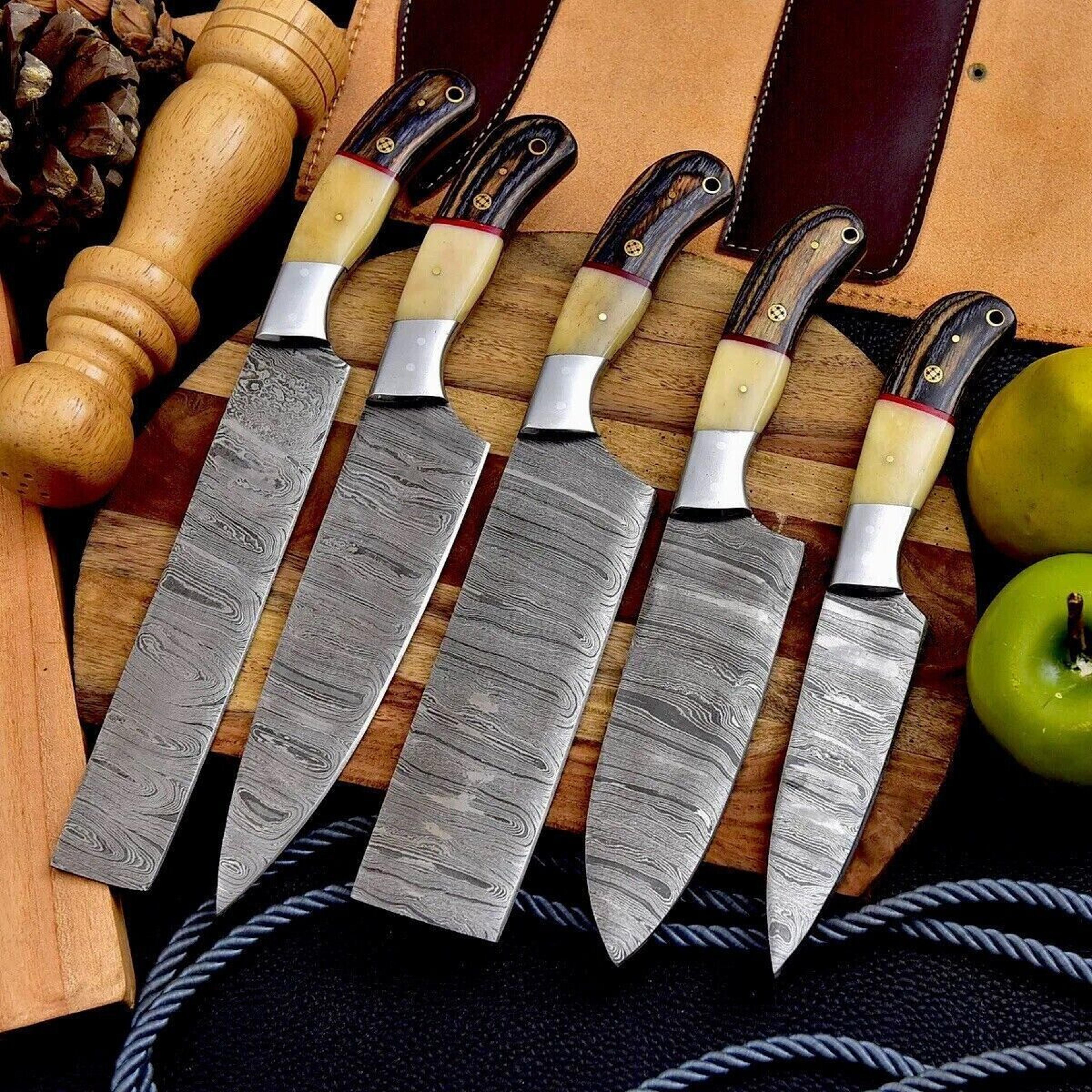 handmade damascus steel chef knife set | 5 pc kitchen knives with wood handles & sheath