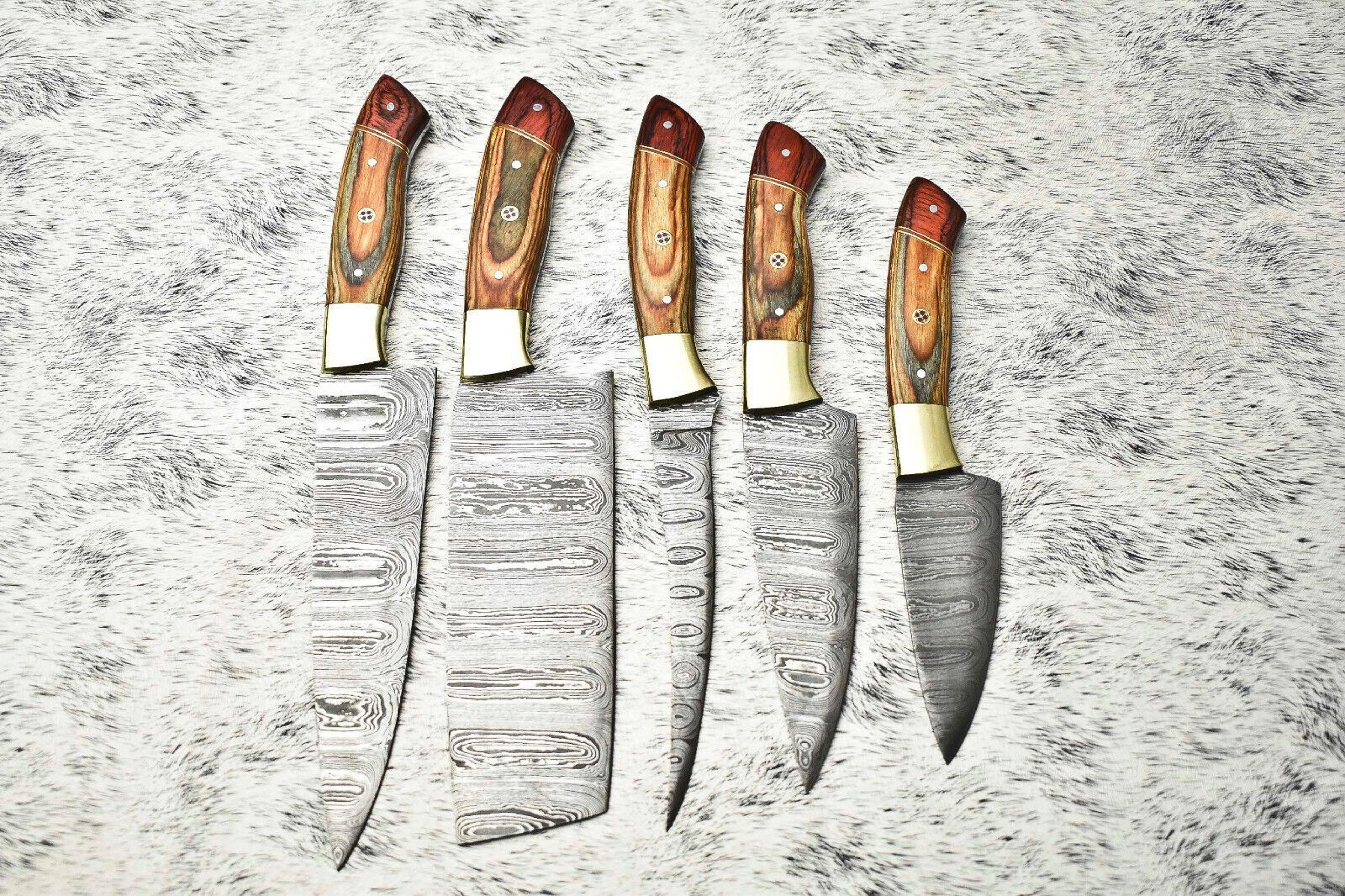lot of 5 handmade damascus hammered chef knives set | full tang hard wood handle