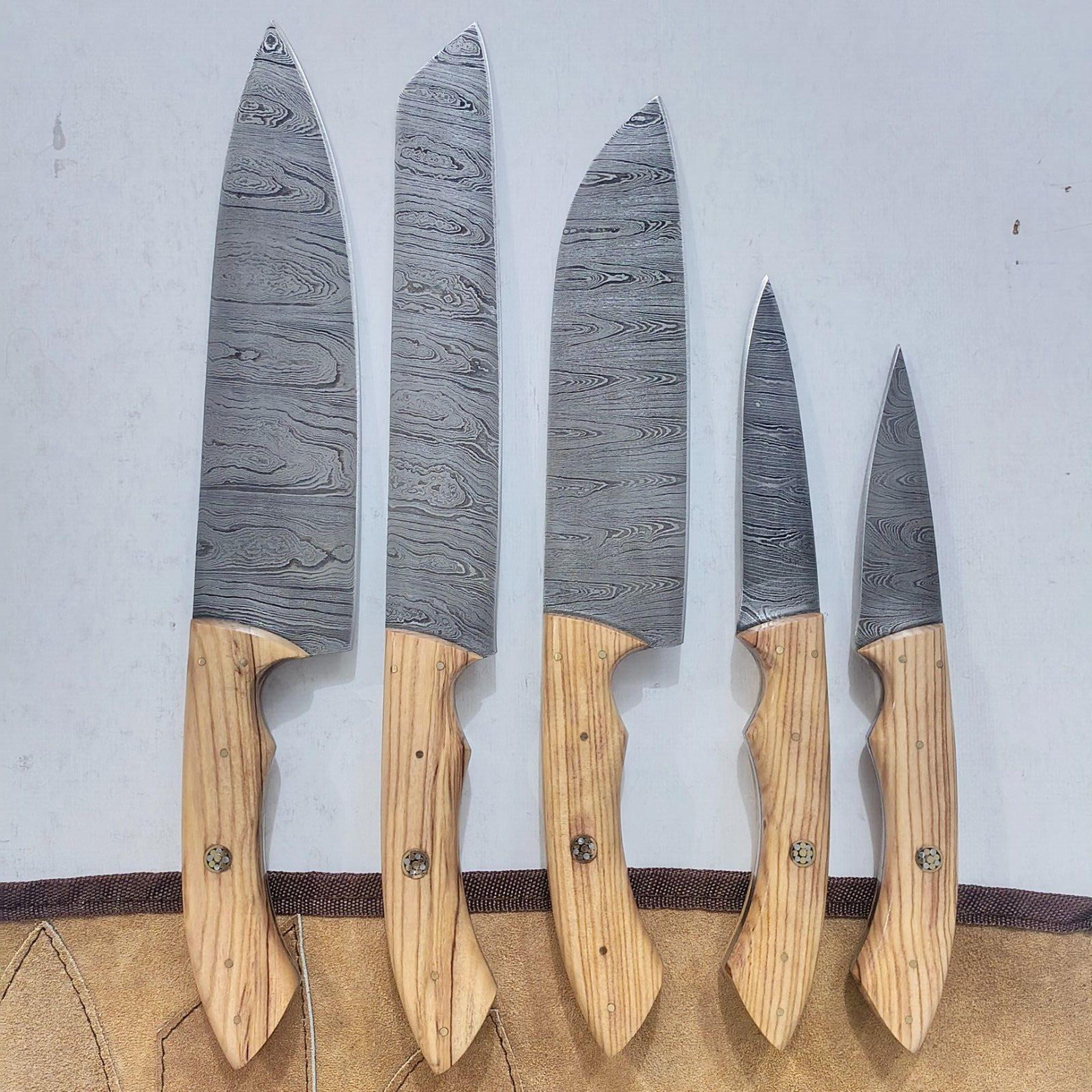 custom handmade damascus steel 5 pcs chef knife set | wood handle kitchen knives