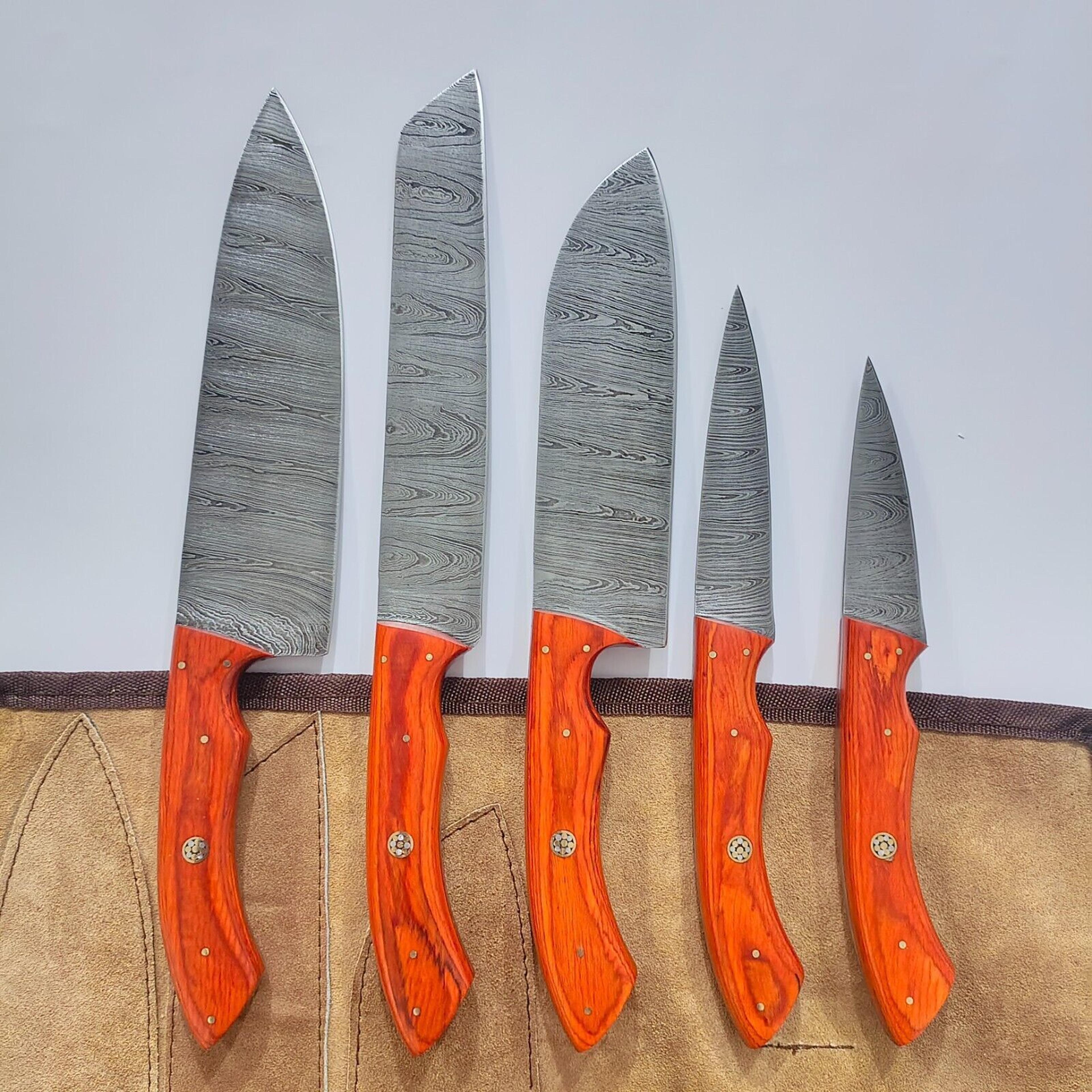 premium 5pc custom hand forged damascus steel chef knives set | sharp kitchen tools