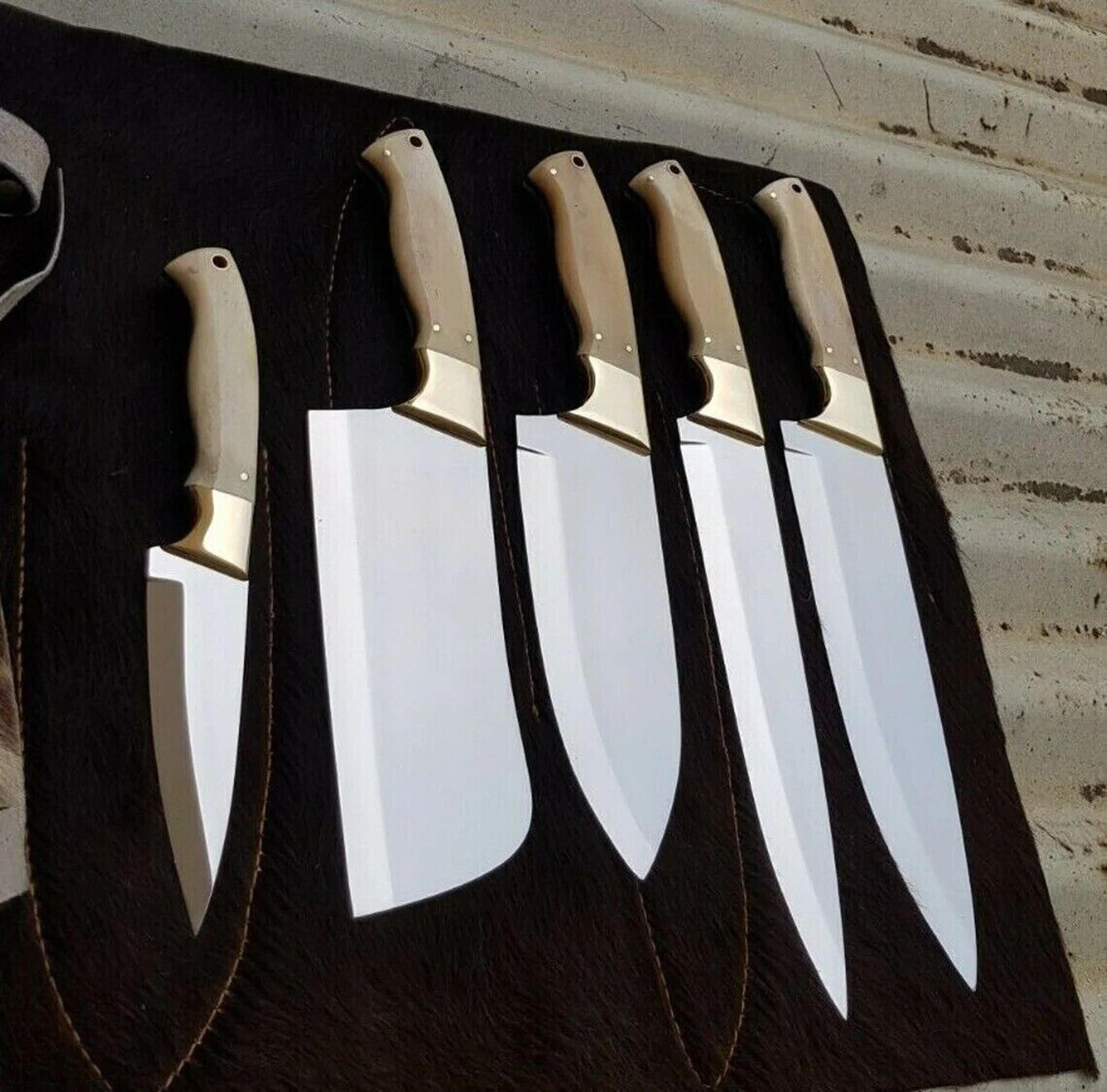custom handmade hand forged stainless steel chef knife set | kitchen knives with leather sheath