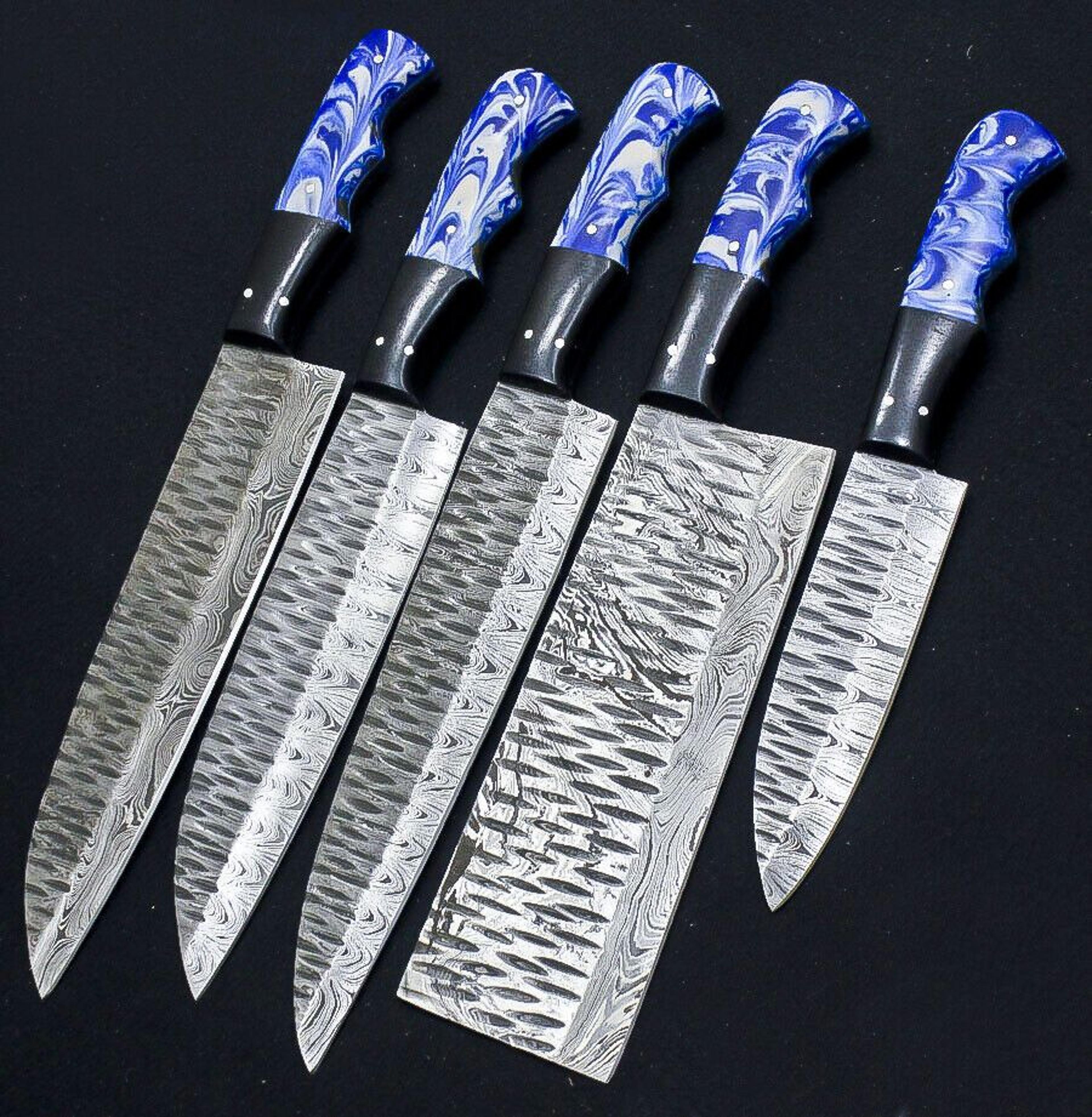 custom handmade damascus steel 5-piece chef knife set | resin & buffalo horn handles