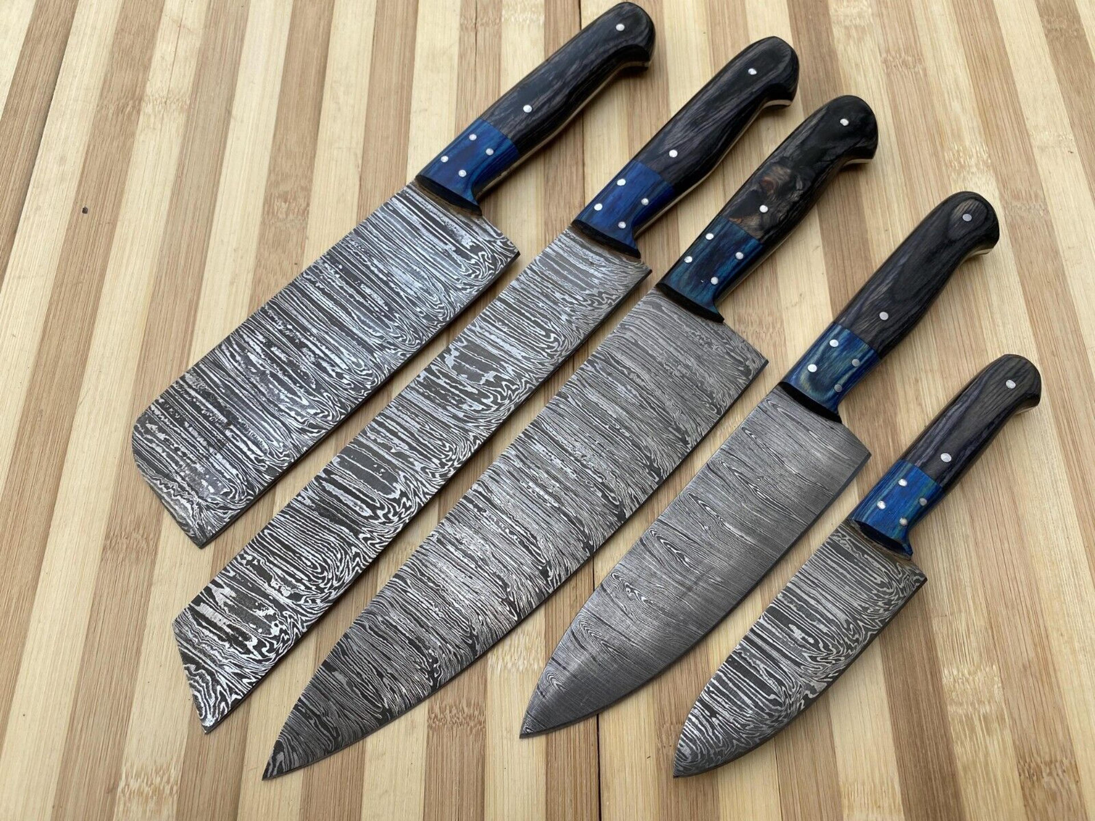 custom handmade damascus steel chef knife set | forged kitchen knives with wood handles