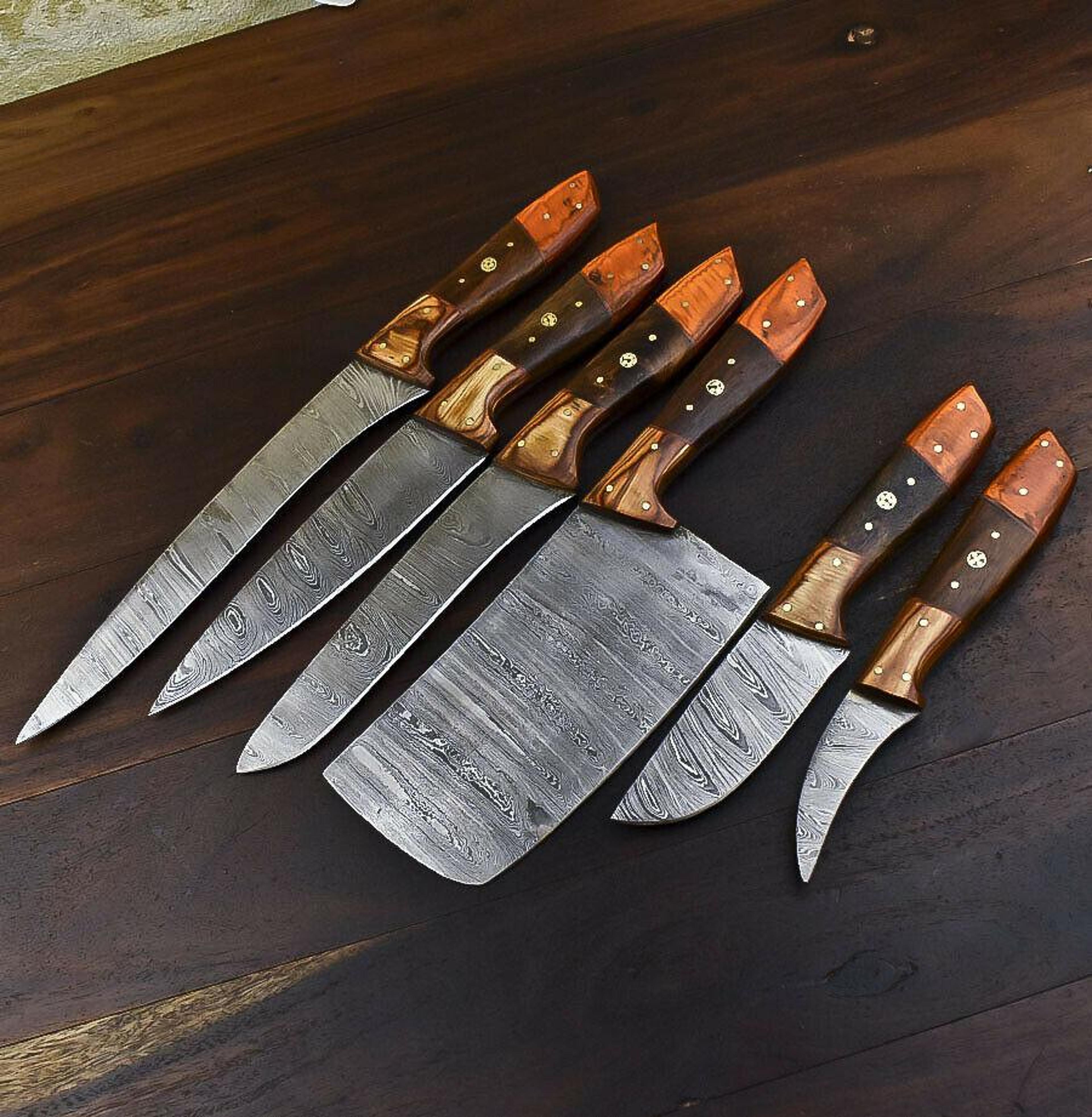 rare hand-forged damascus steel chef knife set | 6-piece walnut wood kitchen knives