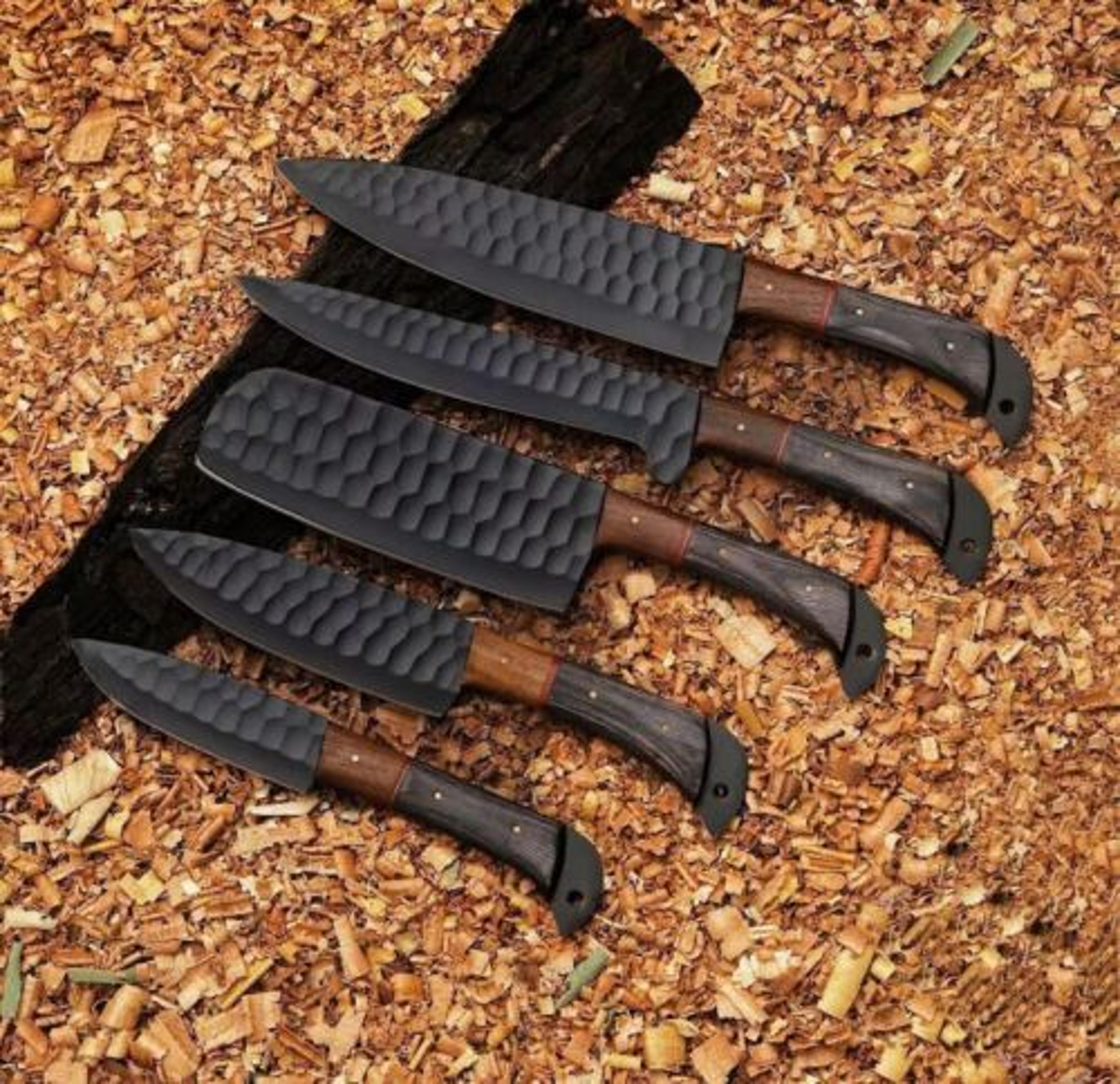 handmade d2 steel powder-coated 5-piece chef knife set with wooden handle & leather sheath