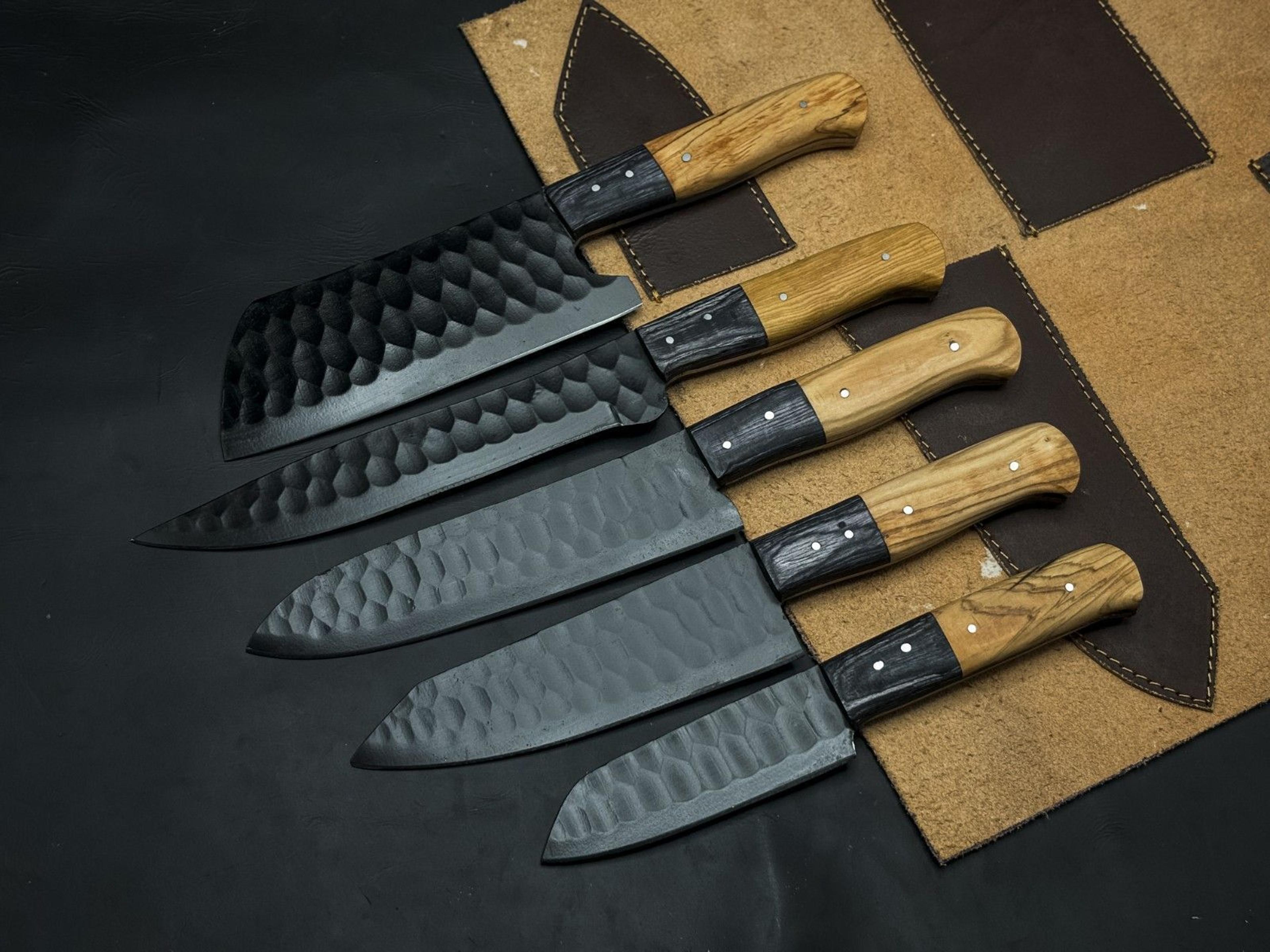handmade powder-coated j2 steel chef knife set of 5 with wooden bolster & edc sheath