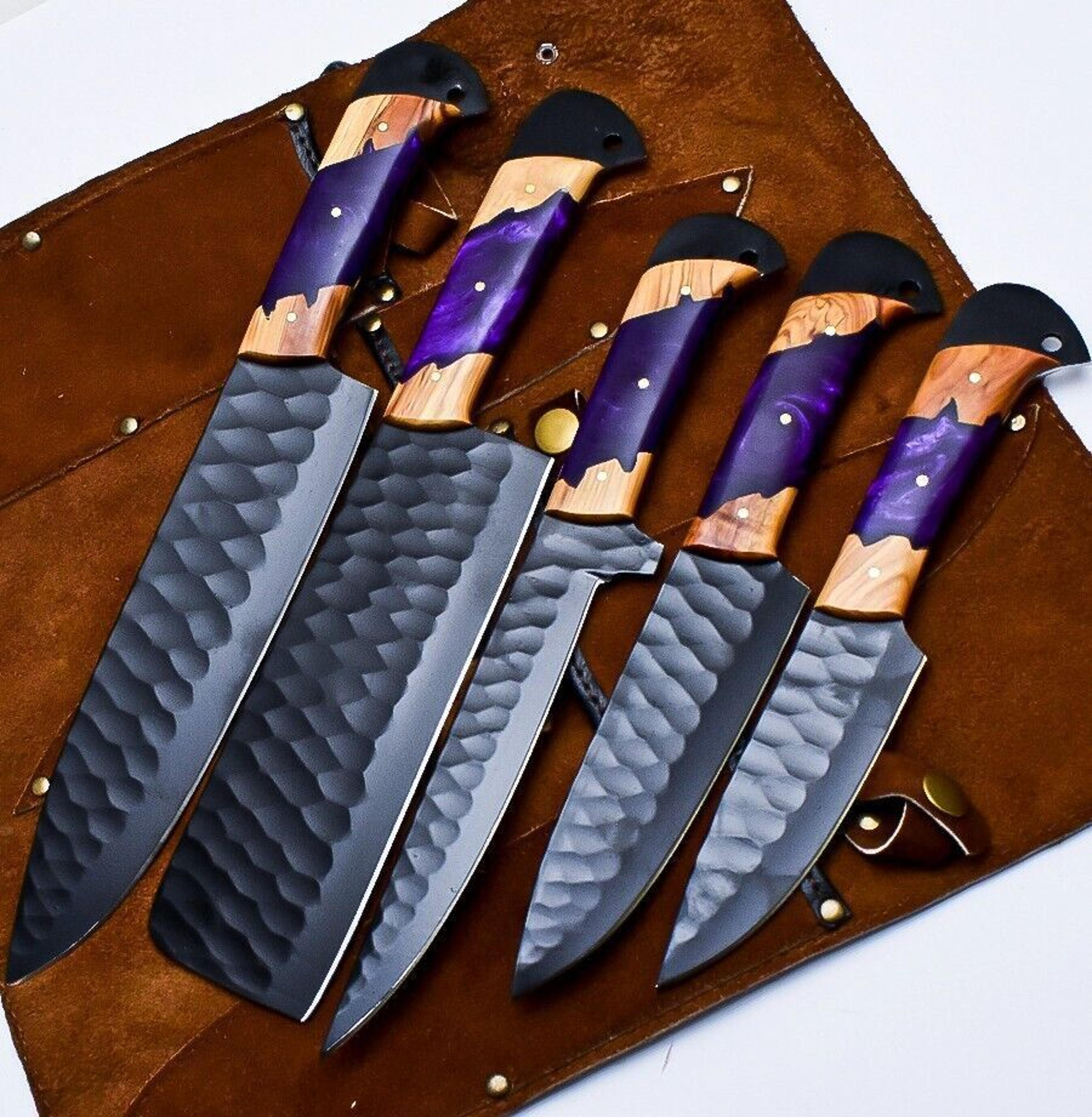 handmade d2 steel kitchen chef knife set of 5 with corian handle & leather sheath – entire world brand