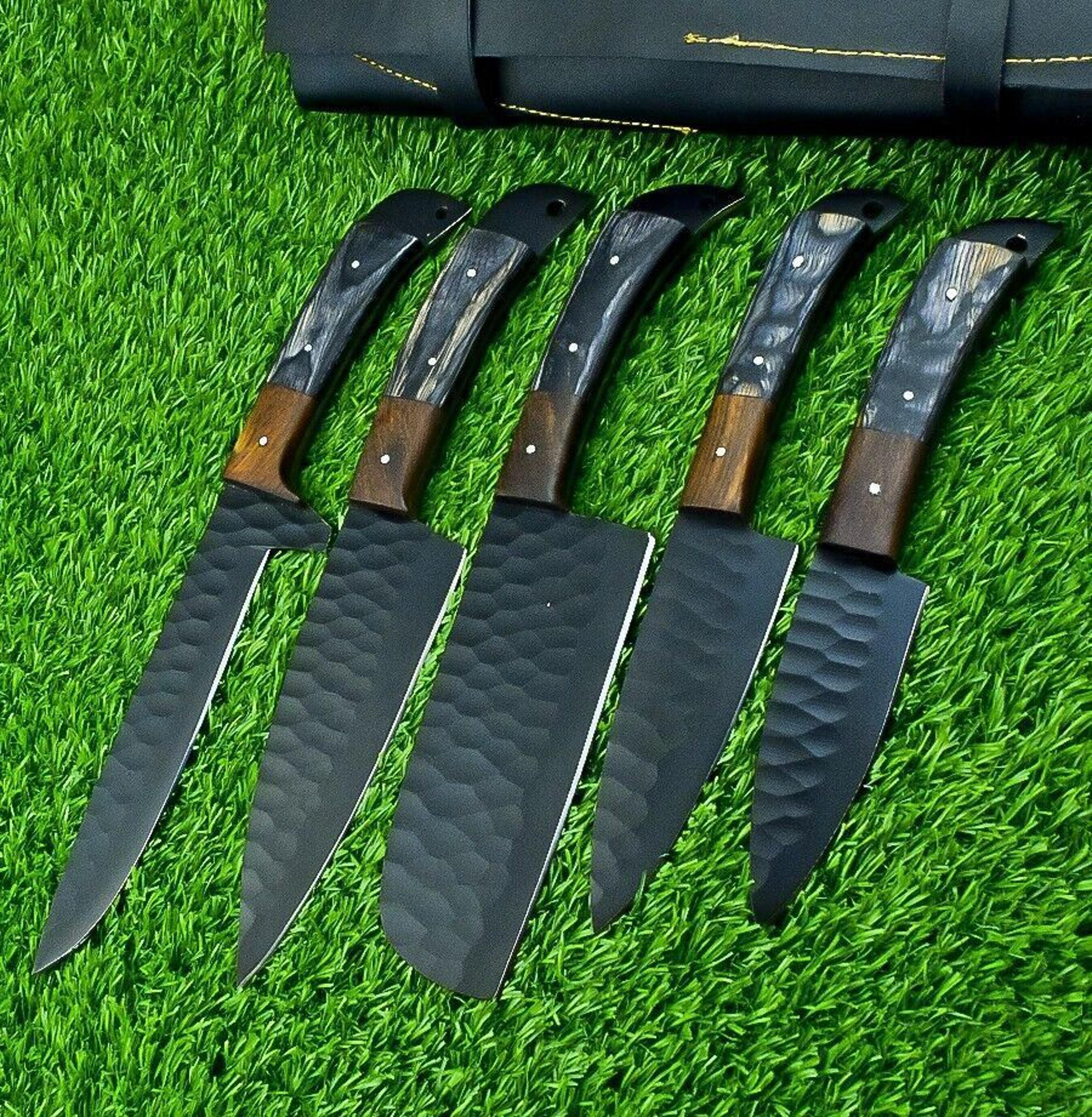 custom hand forged carbon steel 5-piece chef knife set with powder coated blades & leather roll kit