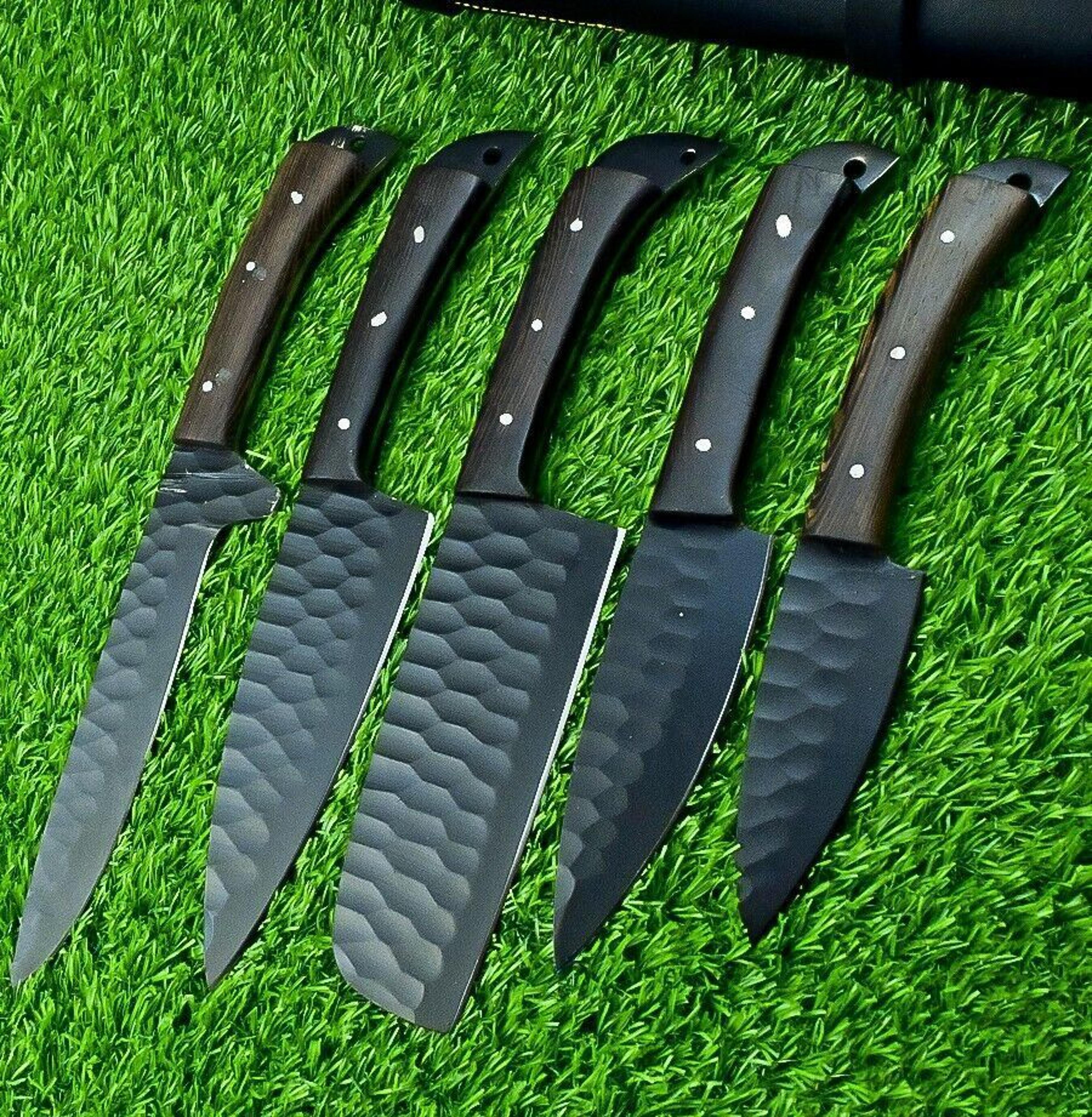 5 pcs hand forged carbon steel chef knife set – powder coated black blades & leather storage roll