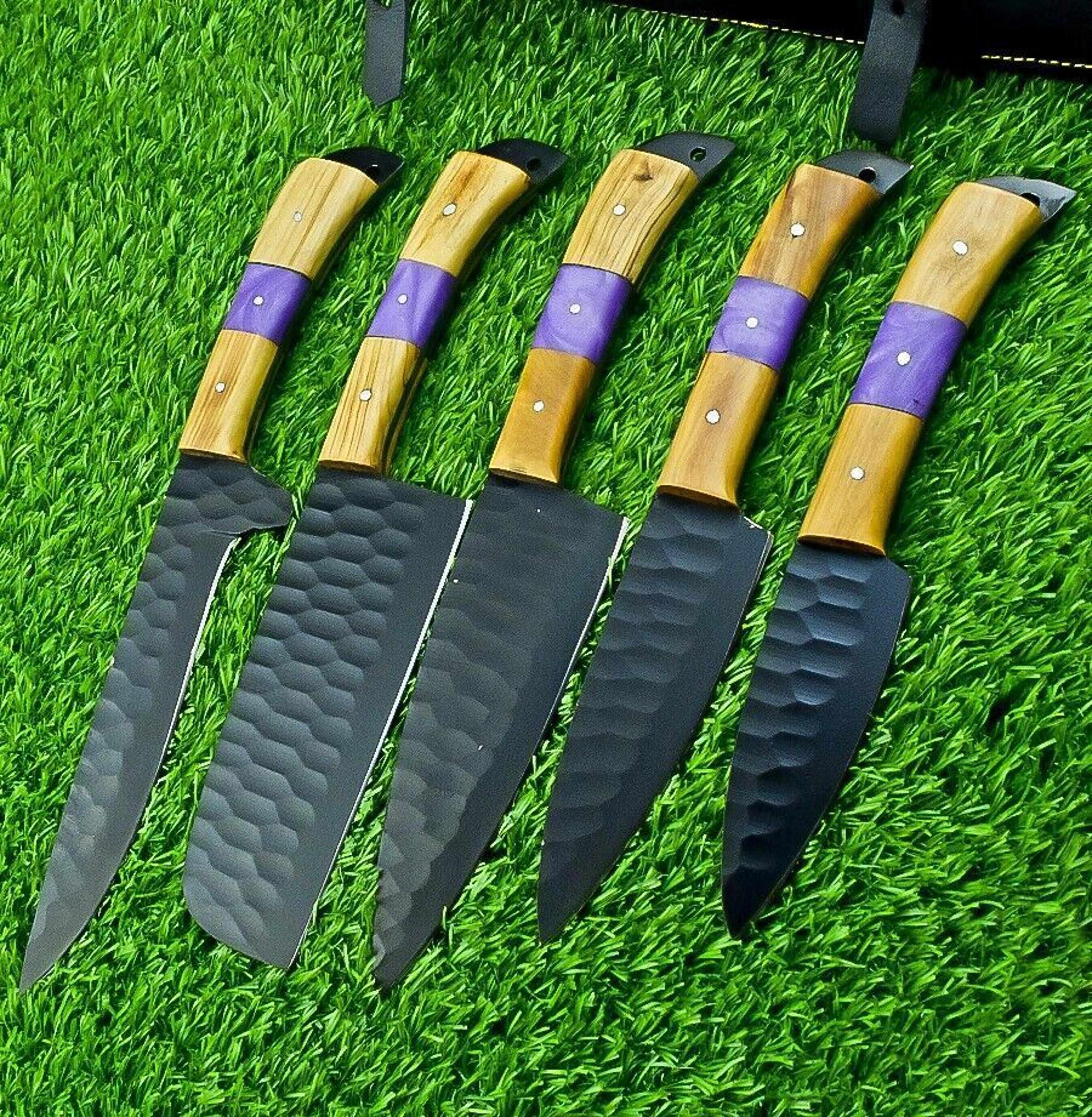 artisan handcrafted carbon steel chef knife set of 5 with natural wood handles & leather bag