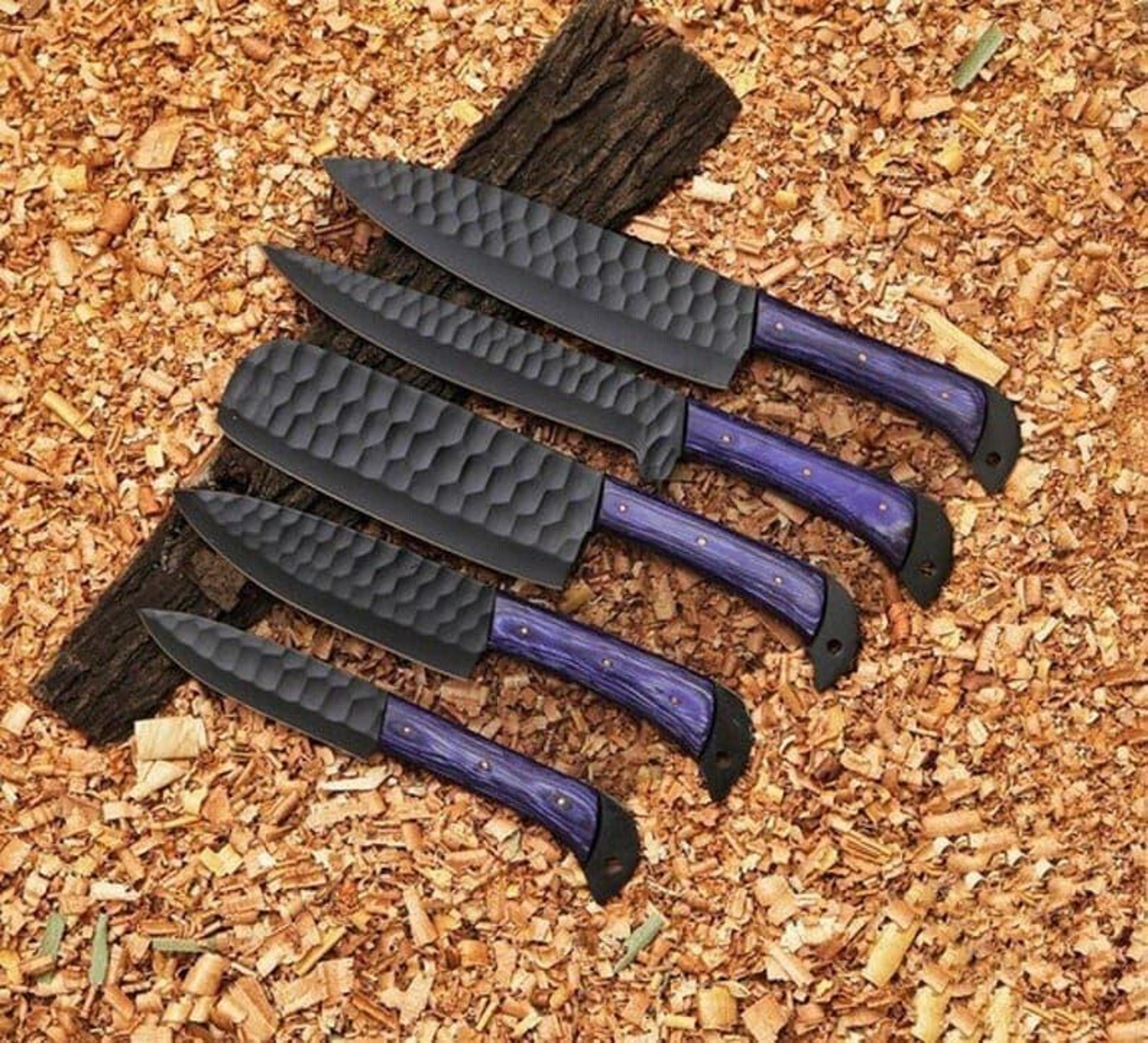 premium powder-coated carbon steel chef knife set | handmade 5-piece kitchen knives with leather kit