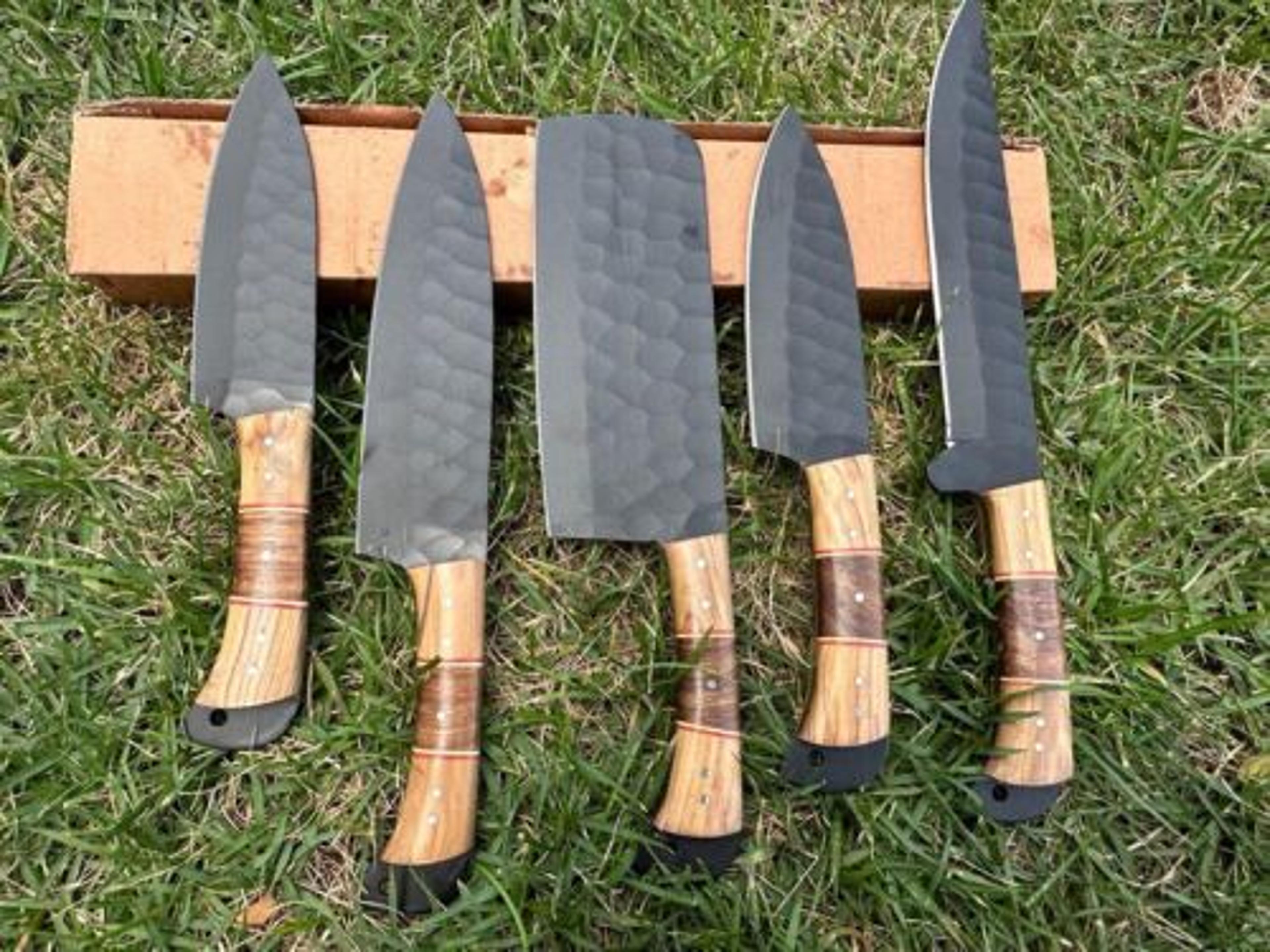 handmade d2 steel chef knife set with hammer pattern & wenge wood handle – 5-piece kitchen knife gift set