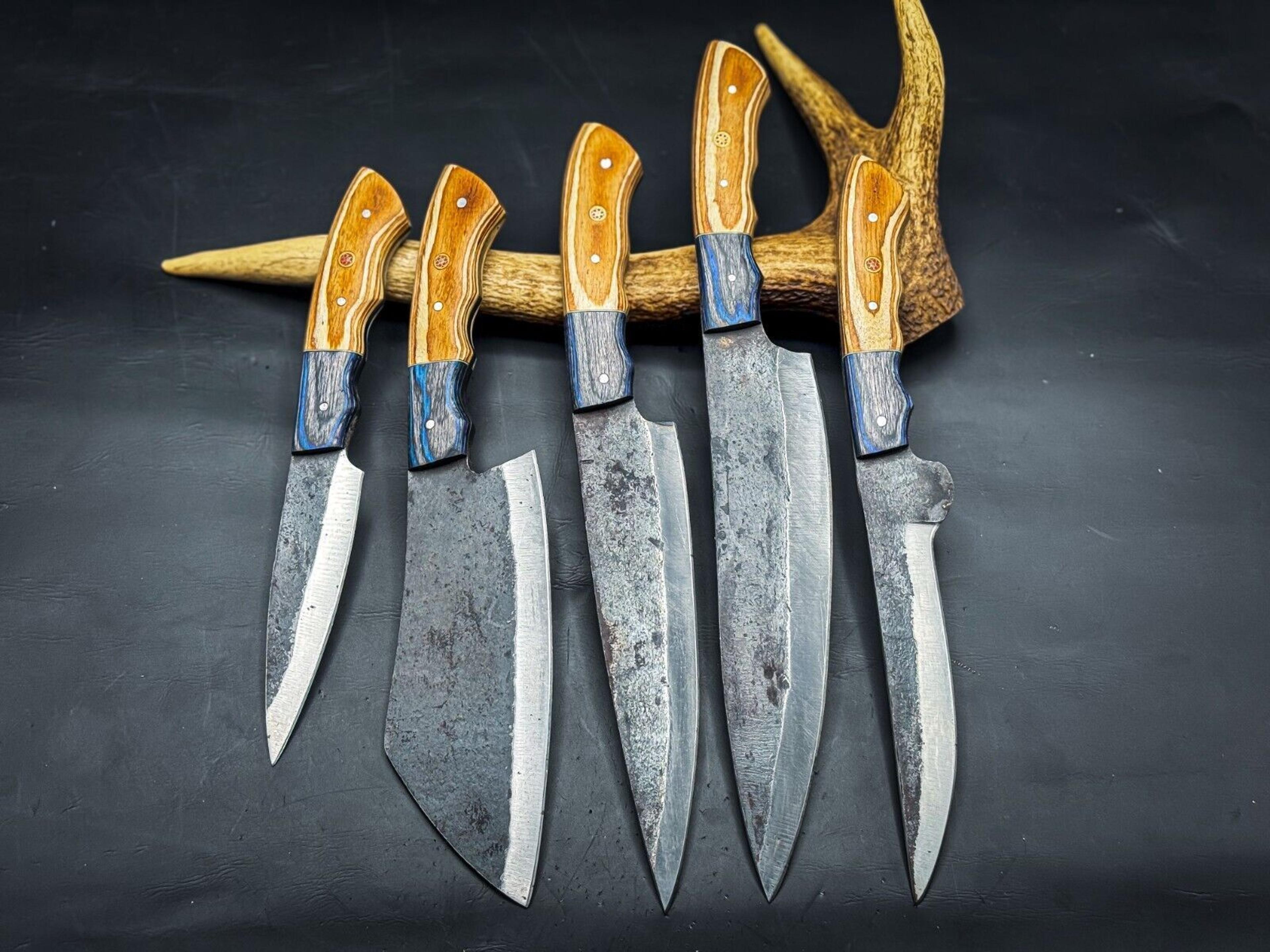 hand forged damascus chef knife set | custom kitchen & hunting knives with sheath
