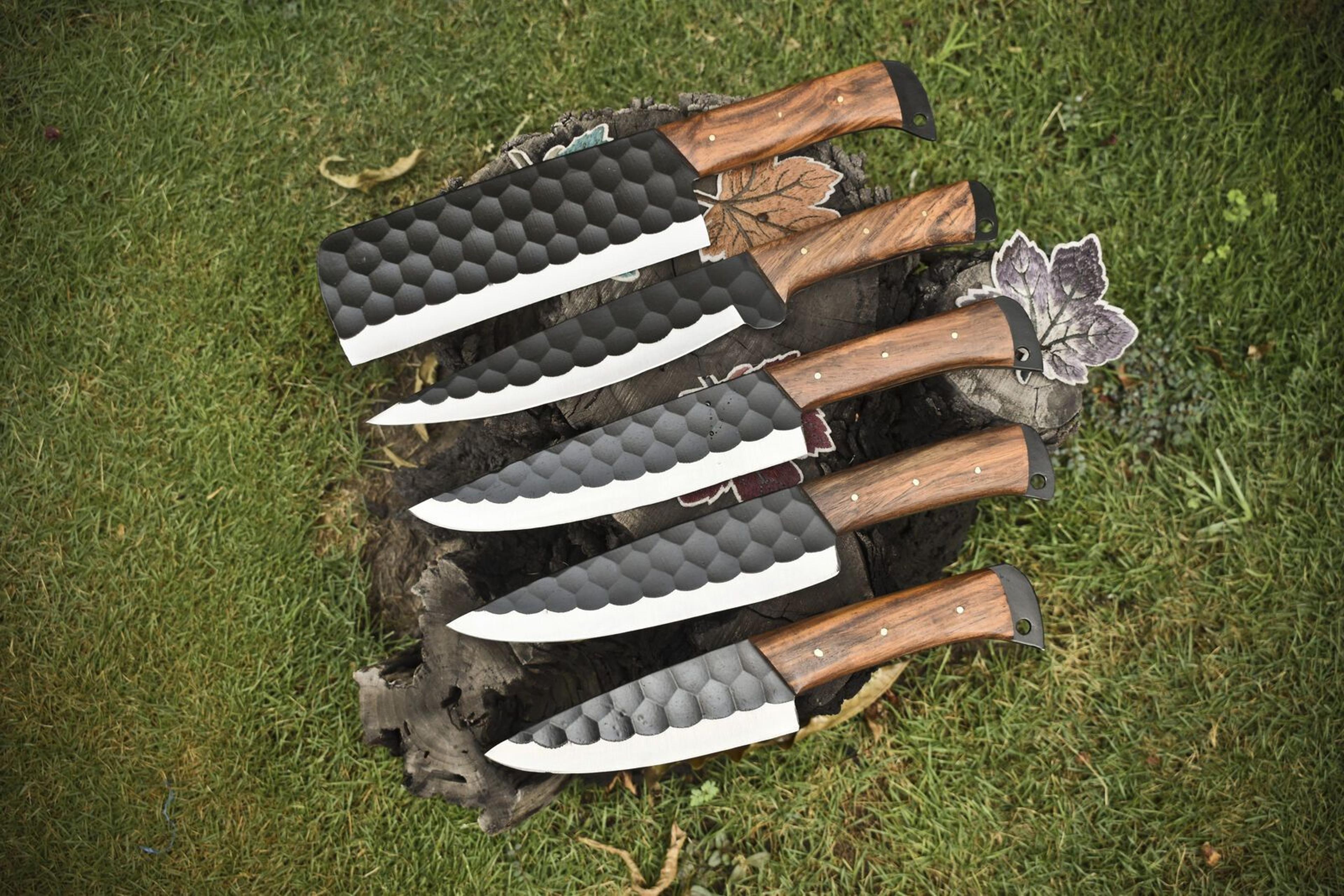 handmade d2 tool steel chef knife set of 5 with walnut wood handle – professional kitchen & camping collectible