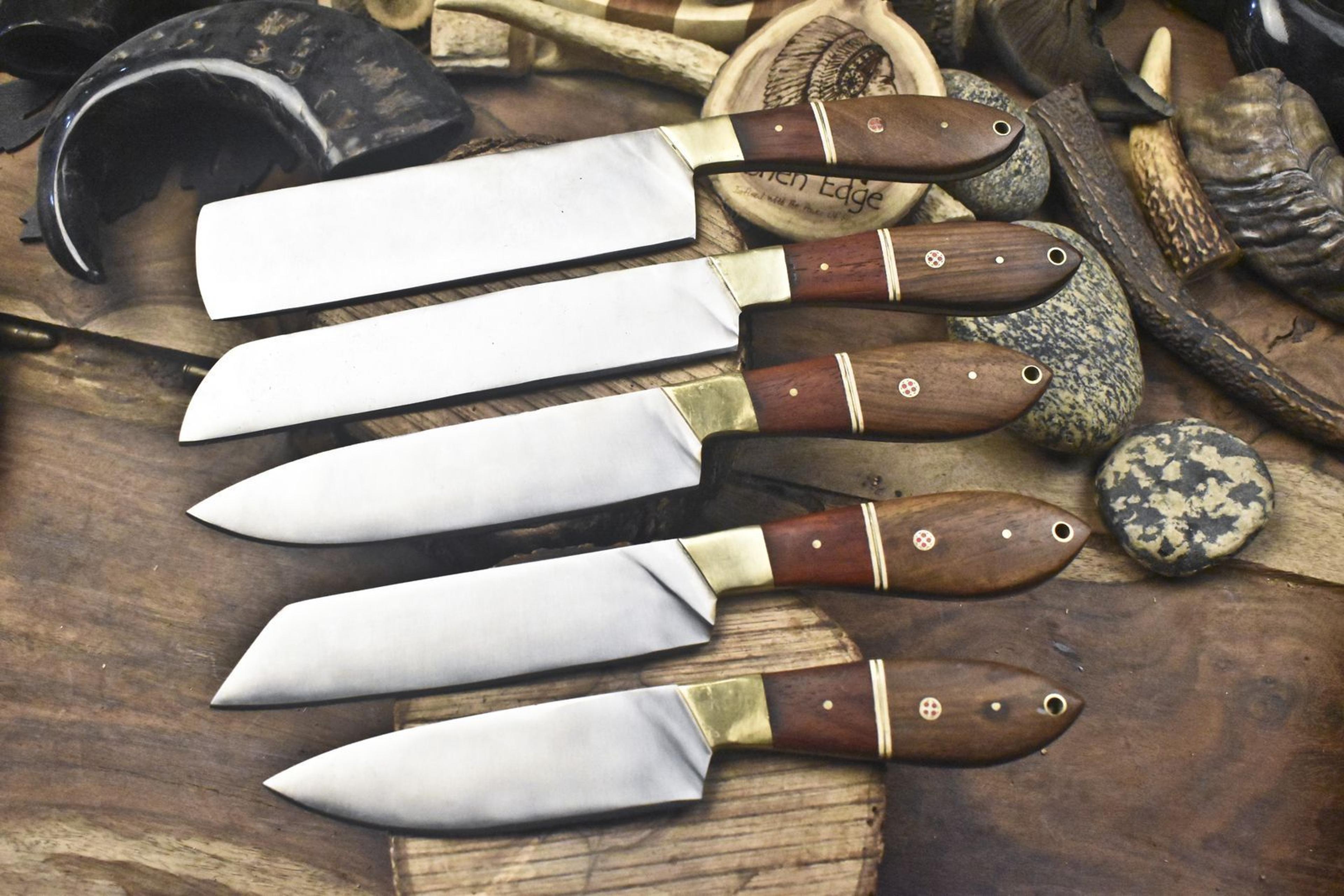 forged d2 tool steel chef knife set of 5 with walnut wood handle & brass bolster – survival & kitchen collection
