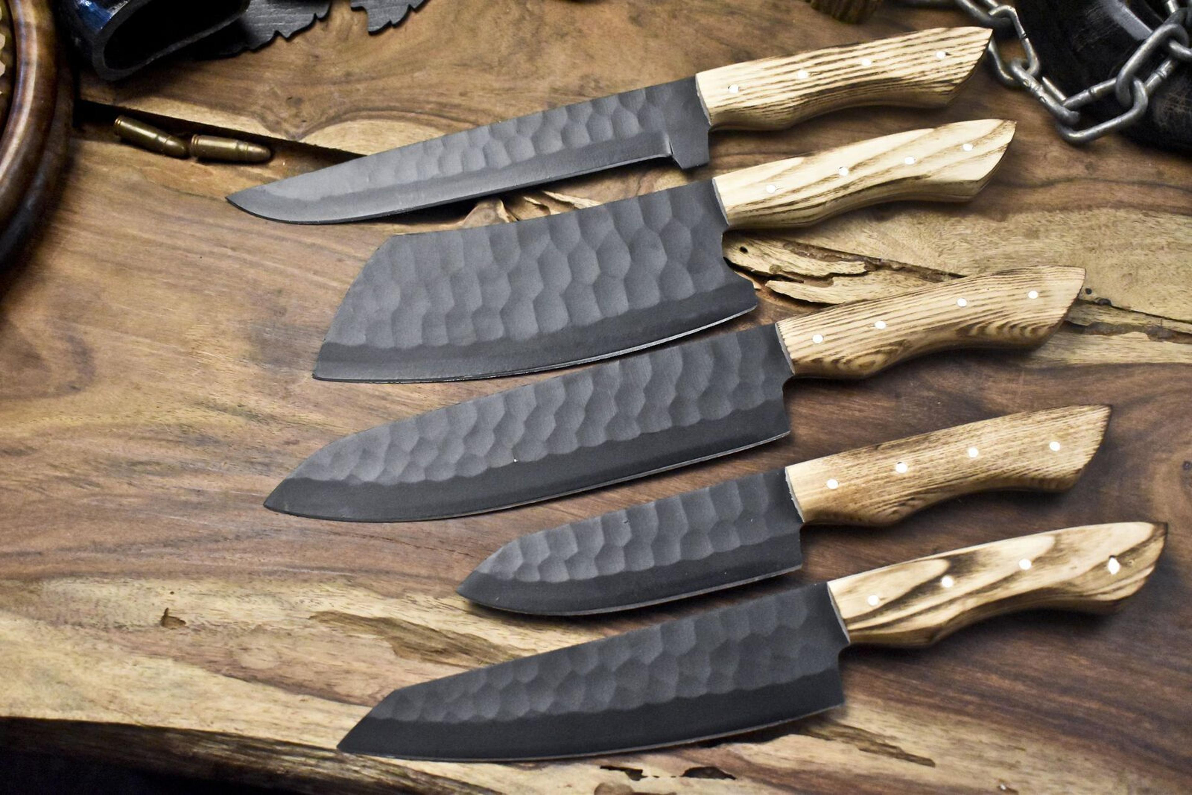 artisan d2 steel 5-piece chef knife set | handmade kitchen knives gift with leather bag