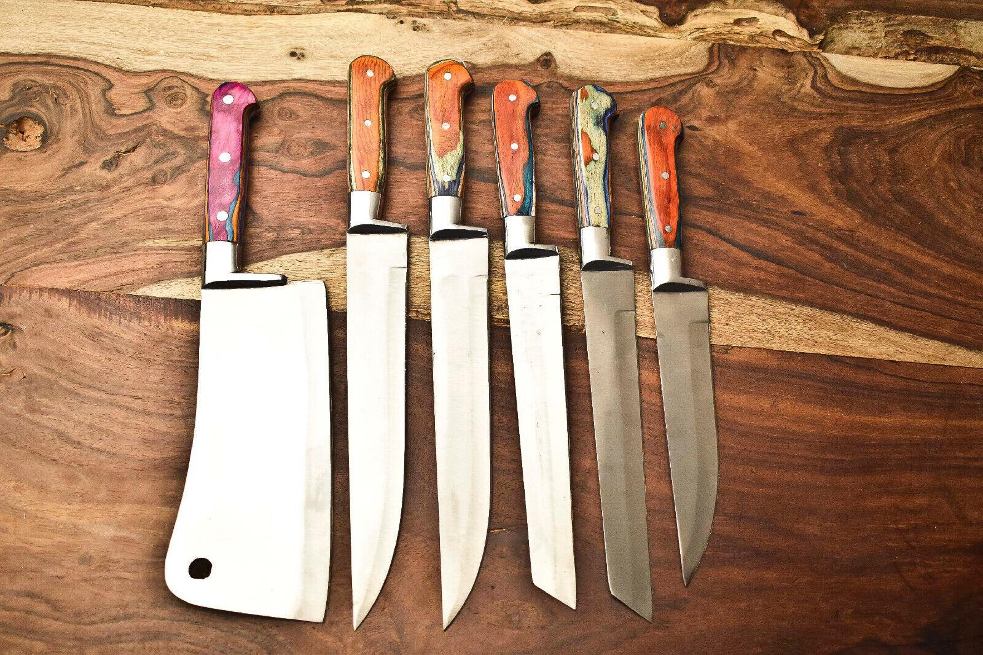 rare lot of 6 custom handmade d2 steel kitchen chef knife set | hard wood handle | razor sharp blades