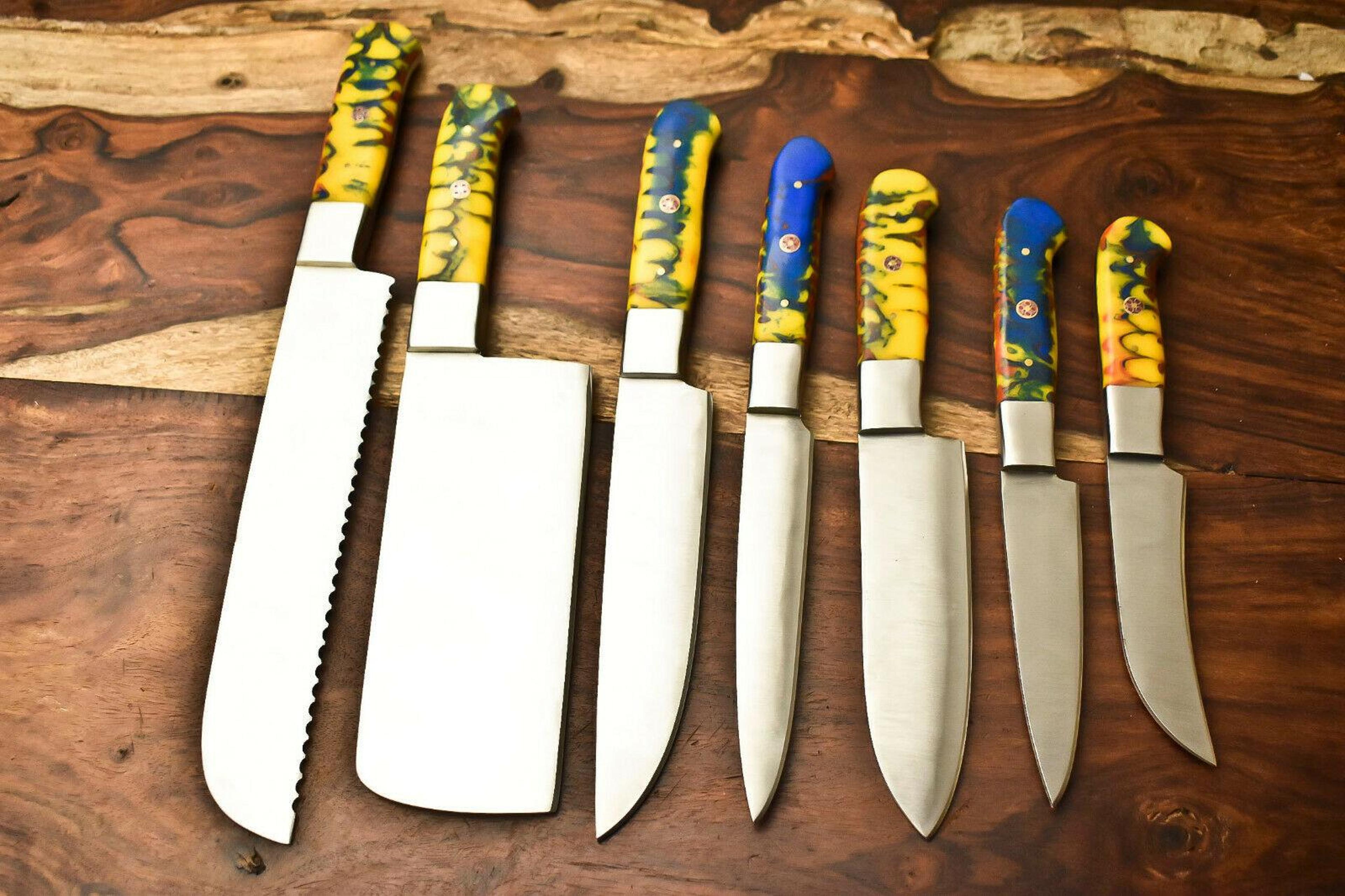 lot of 7 custom handmade d2 tool steel chef knife set | razor sharp kitchen knives with leather bag