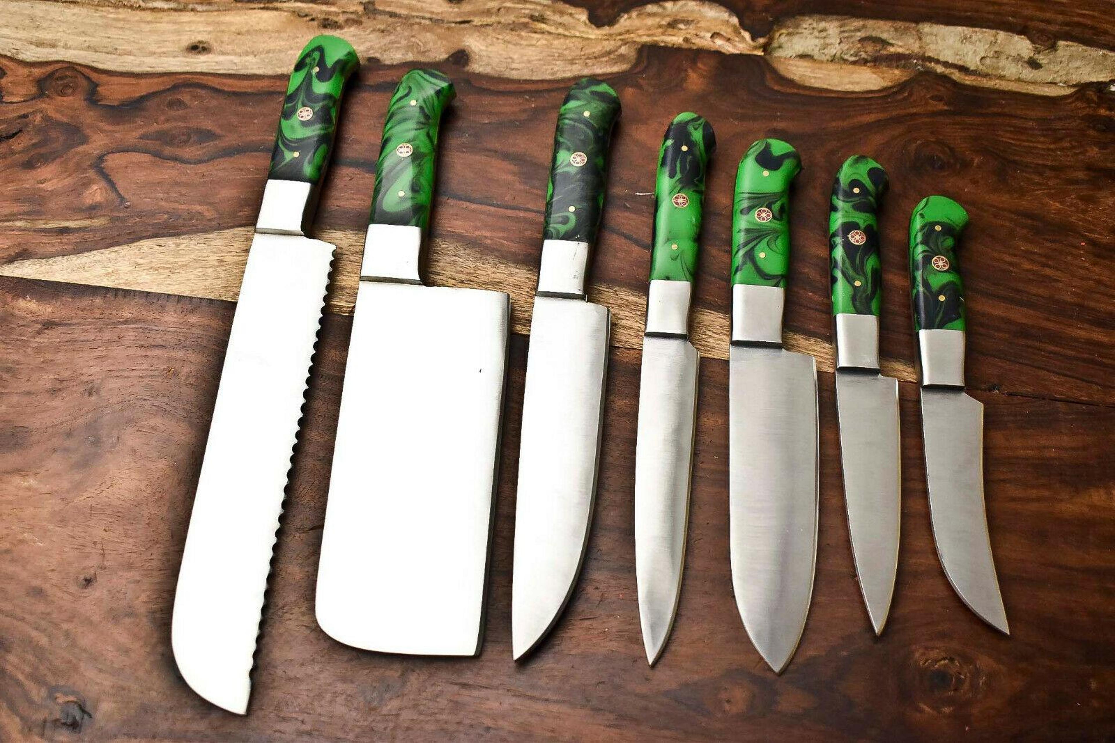 lot of 7 custom handmade d2 tool steel chef knife set | razor sharp kitchen knives