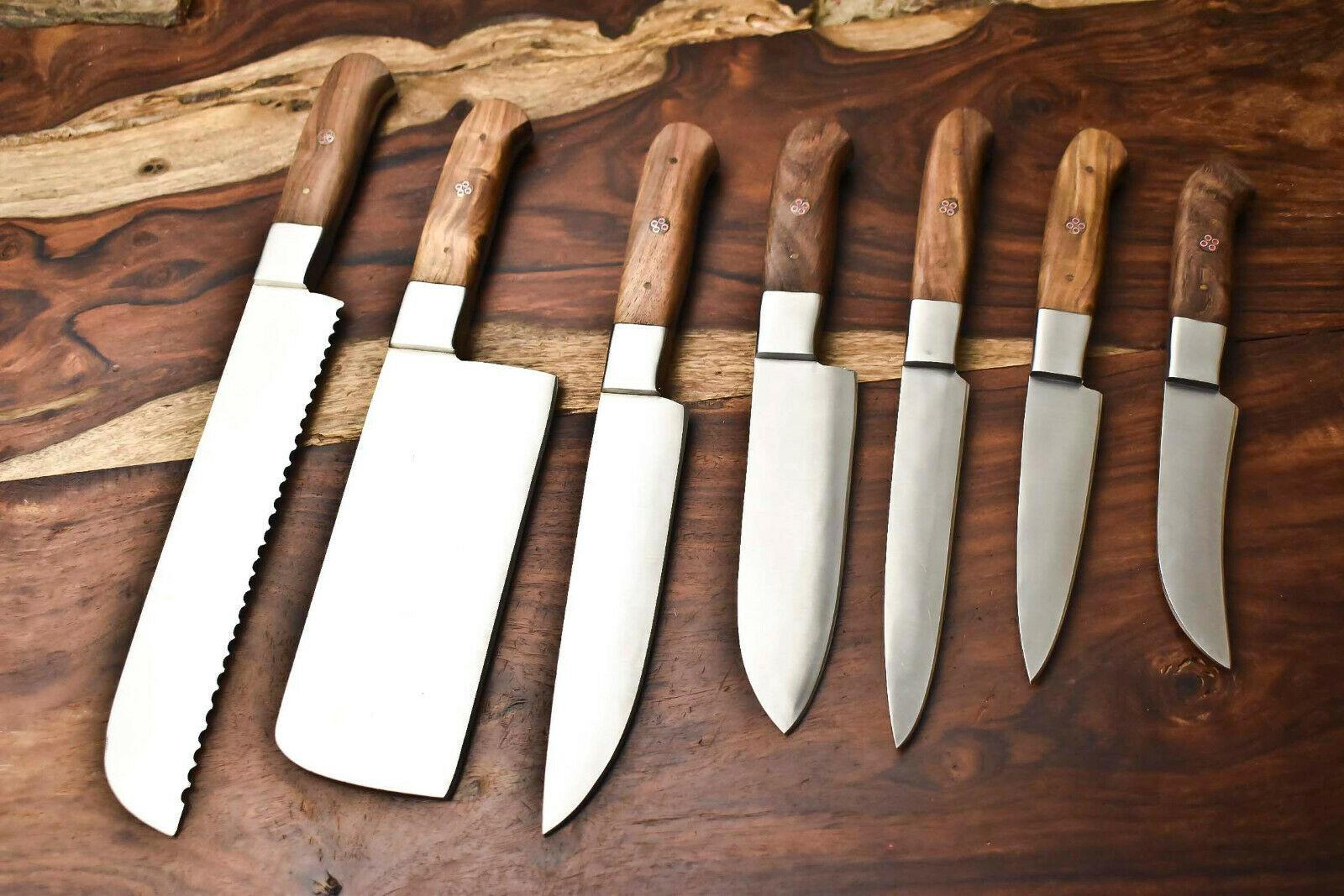 lot of 7 hand forged d2 tool steel chef knives | custom kitchen knife set with leather roll