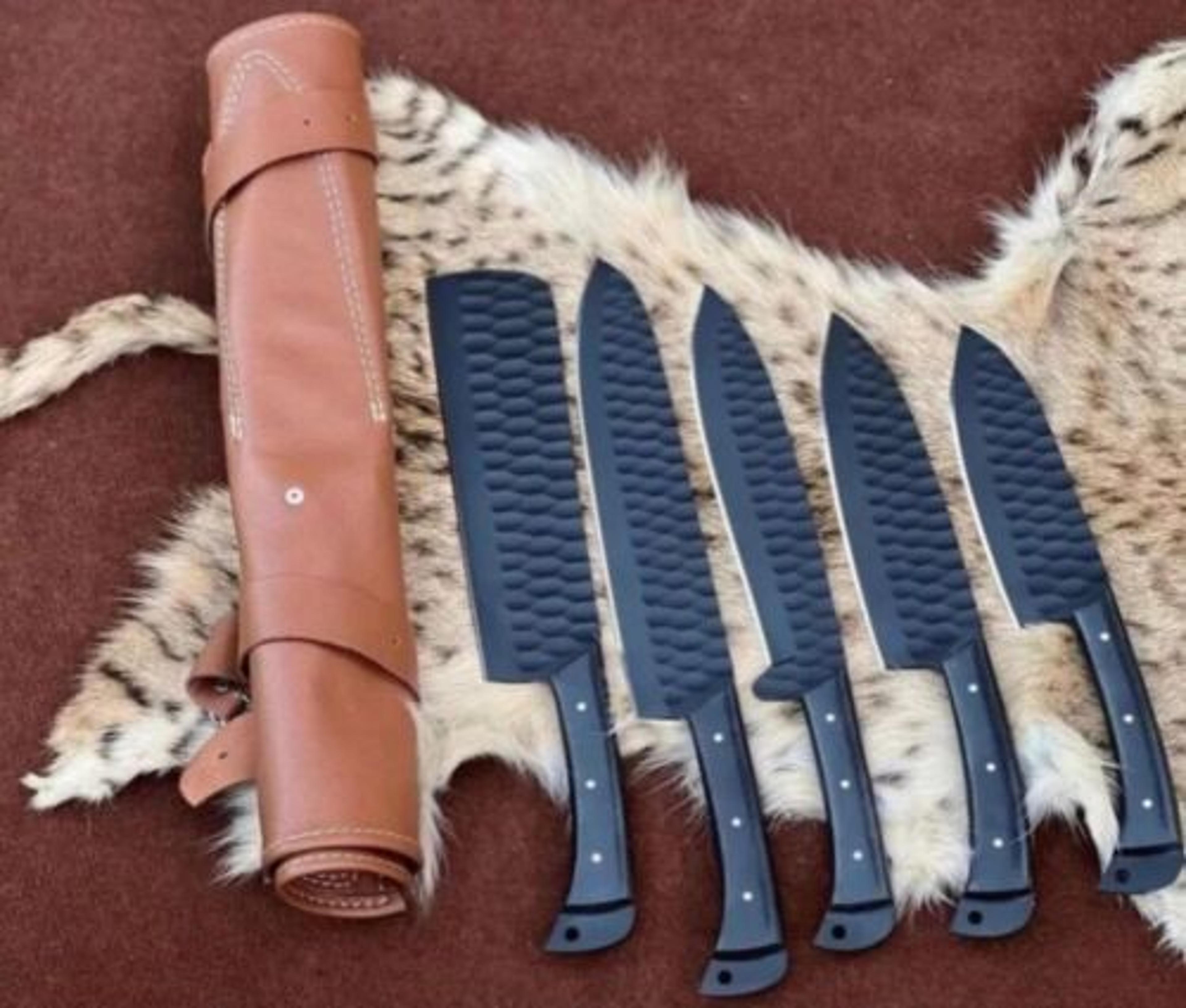 custom handmade d2 steel 5-piece chef knife set cutlery forged kitchen knives with brass guard & steel handle