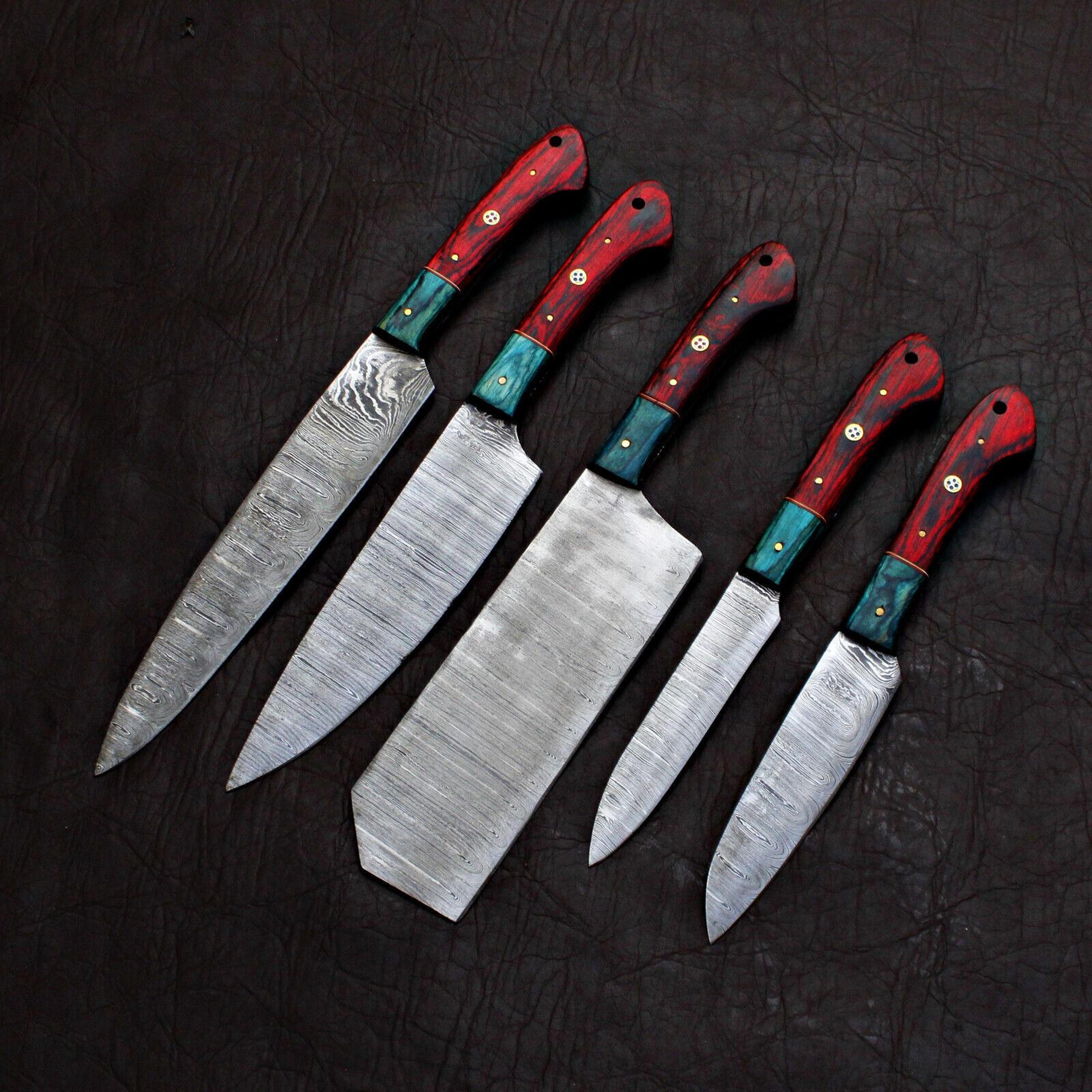 full tang damascus steel chef knives | 5 pcs handmade kitchen knife gift set