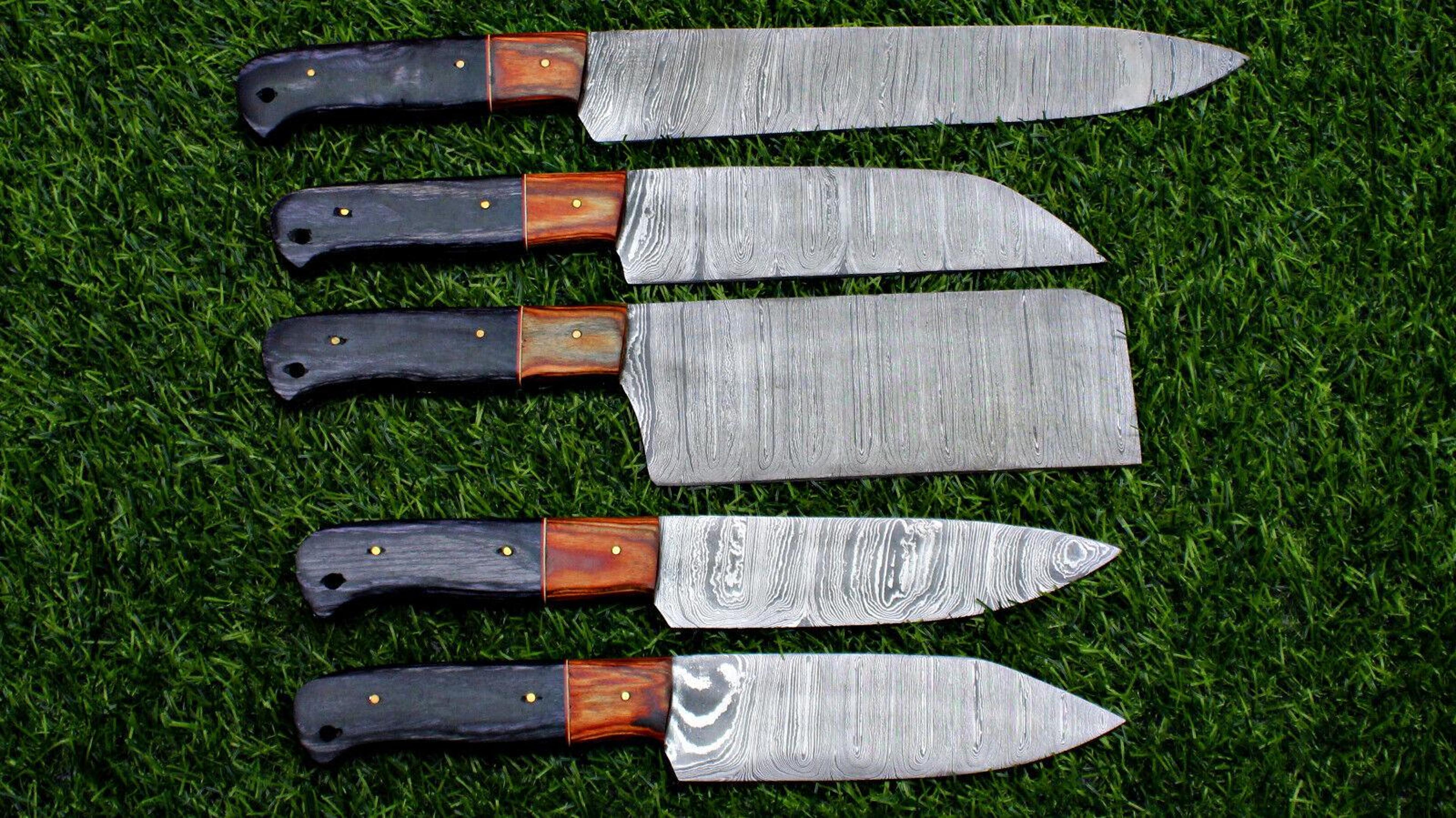 luxury damascus steel 5-piece chef set | handcrafted full tang kitchen knives