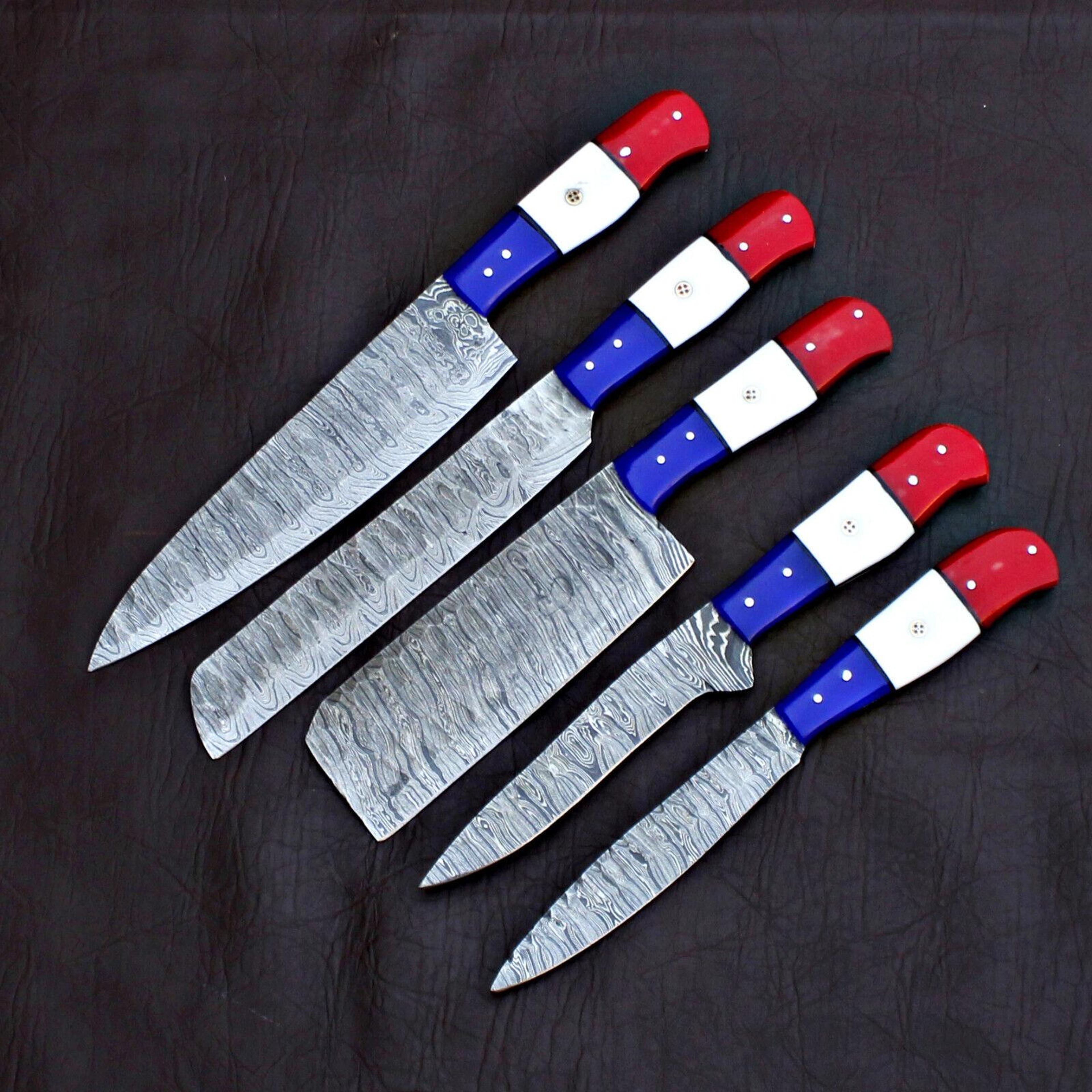 custom forged damascus steel chef knife set | 5pcs full tang kitchen knives