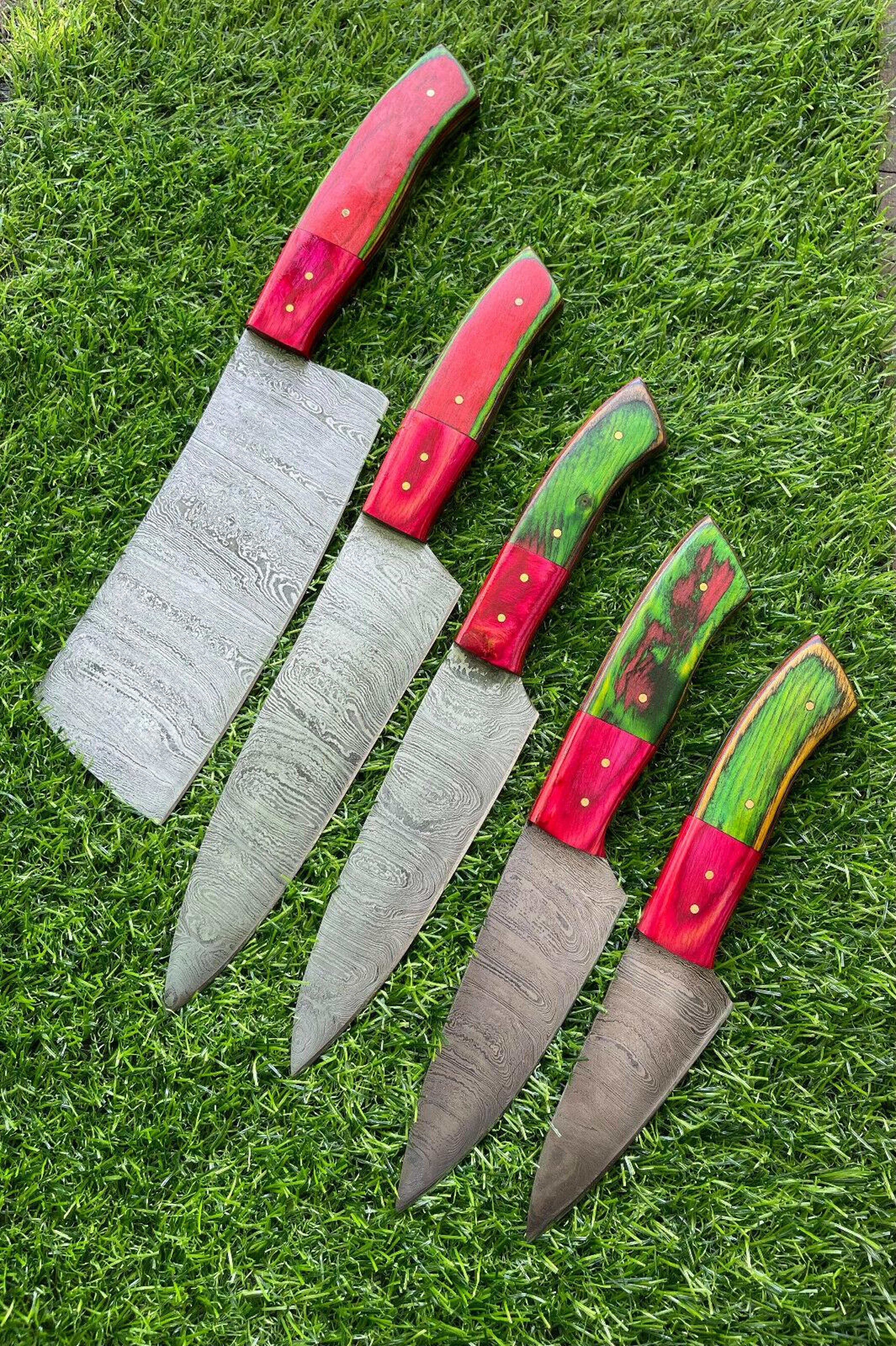 custom damascus steel kitchen knife set 5pcs | handmade chef knives gift set