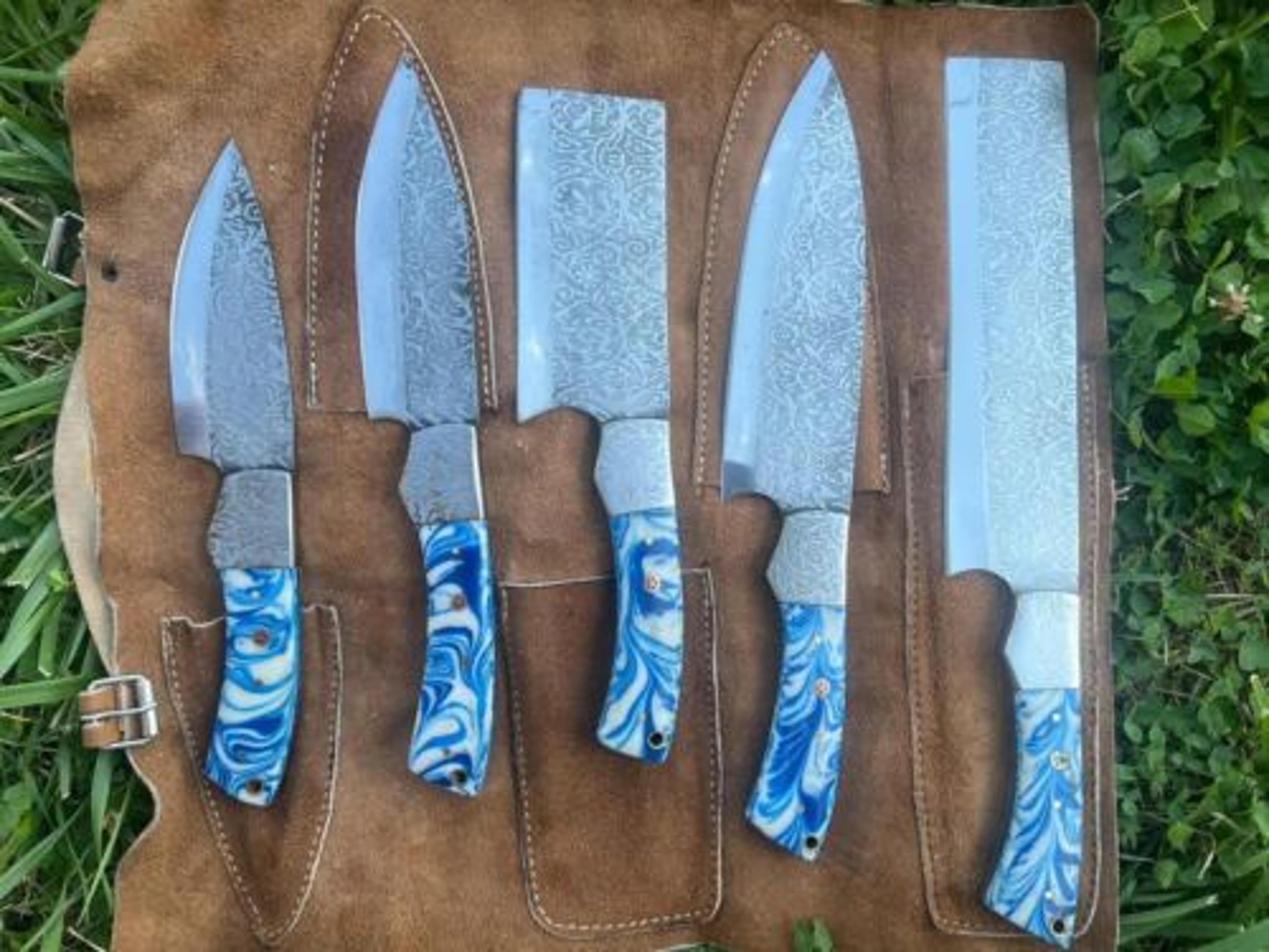 custom handmade d2 steel forged chef knife set with resin handle & sheath
