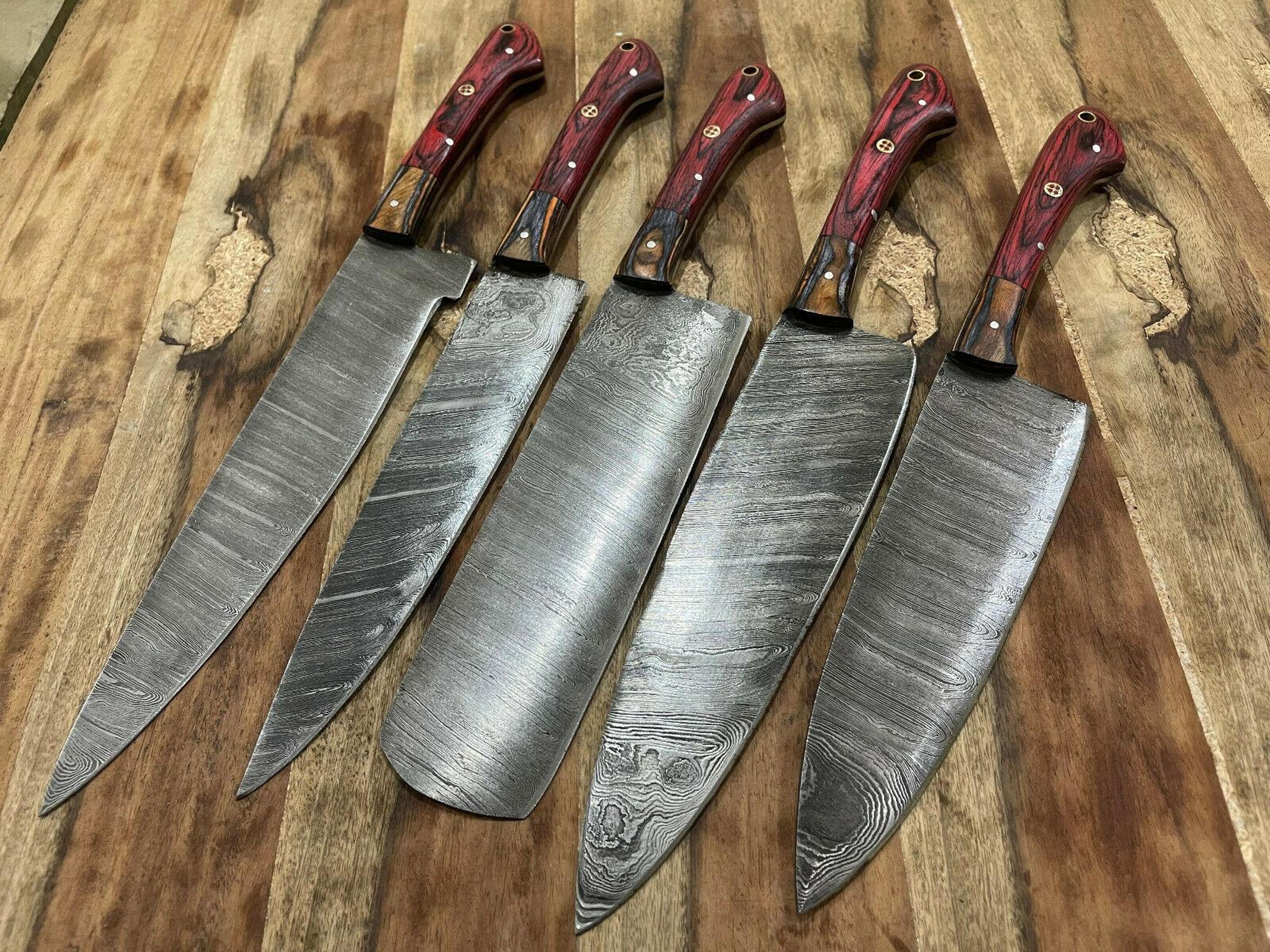 artisan 5pcs handmade damascus steel chef knives | kitchen gift collection