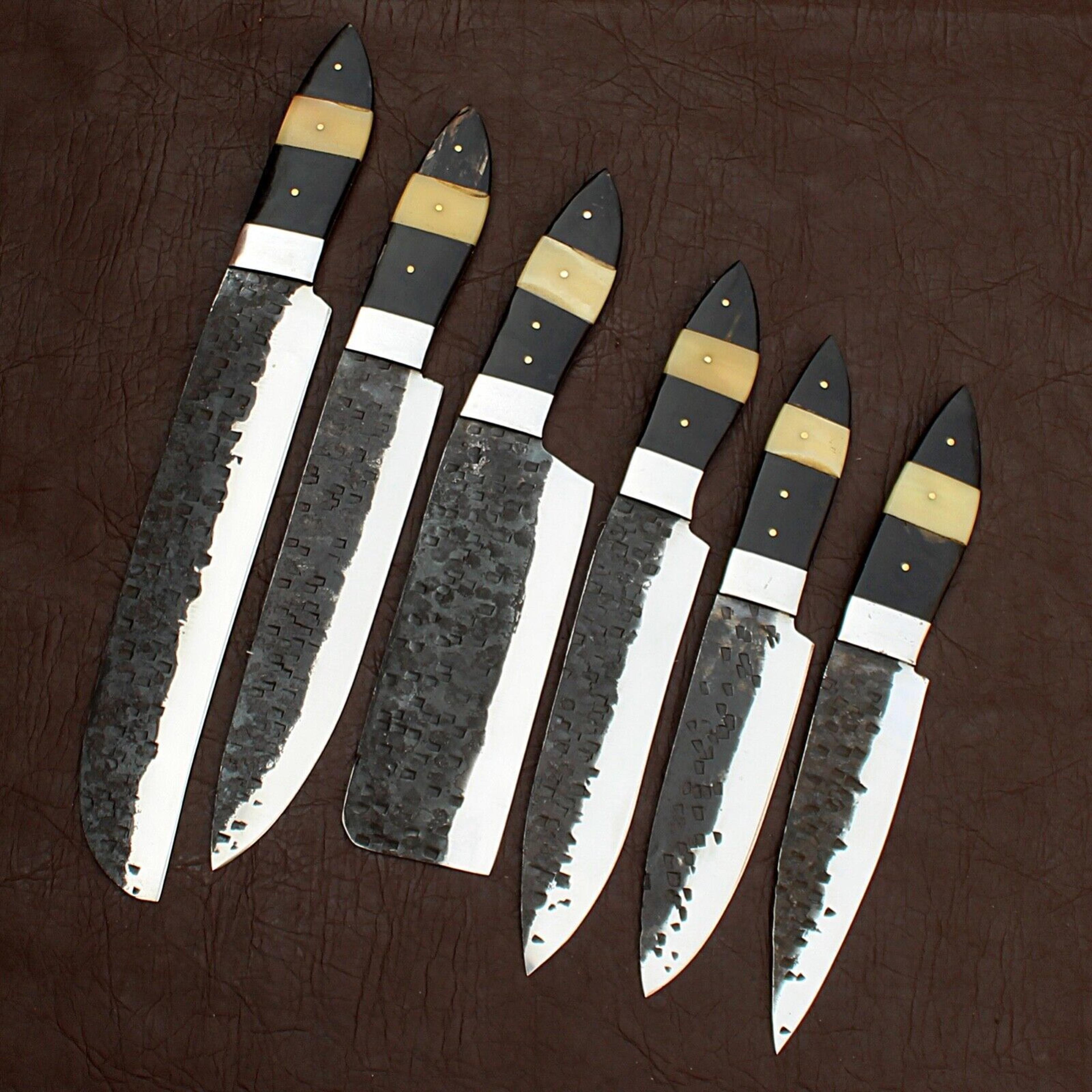 custom handmade 1095 & d2 steel hunting and kitchen chef knife set with leather bag | hand forged damascus design